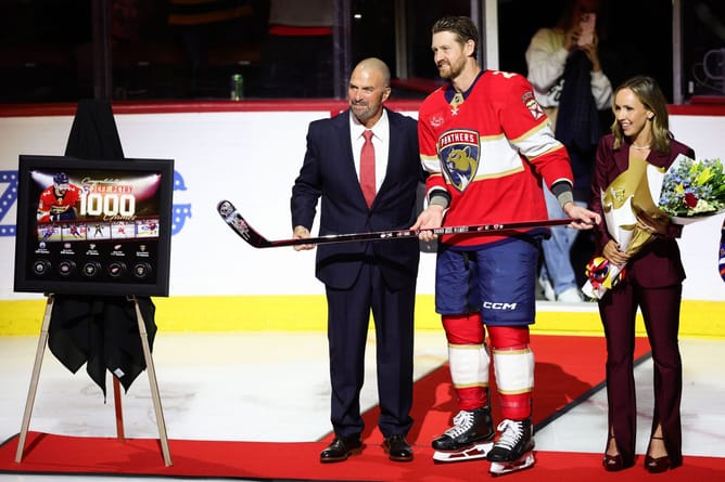Carey Price's wife Angela reacts to his ex-teammate Jeff Petry's 1,000 NHL game ceremony hosted by Panthers