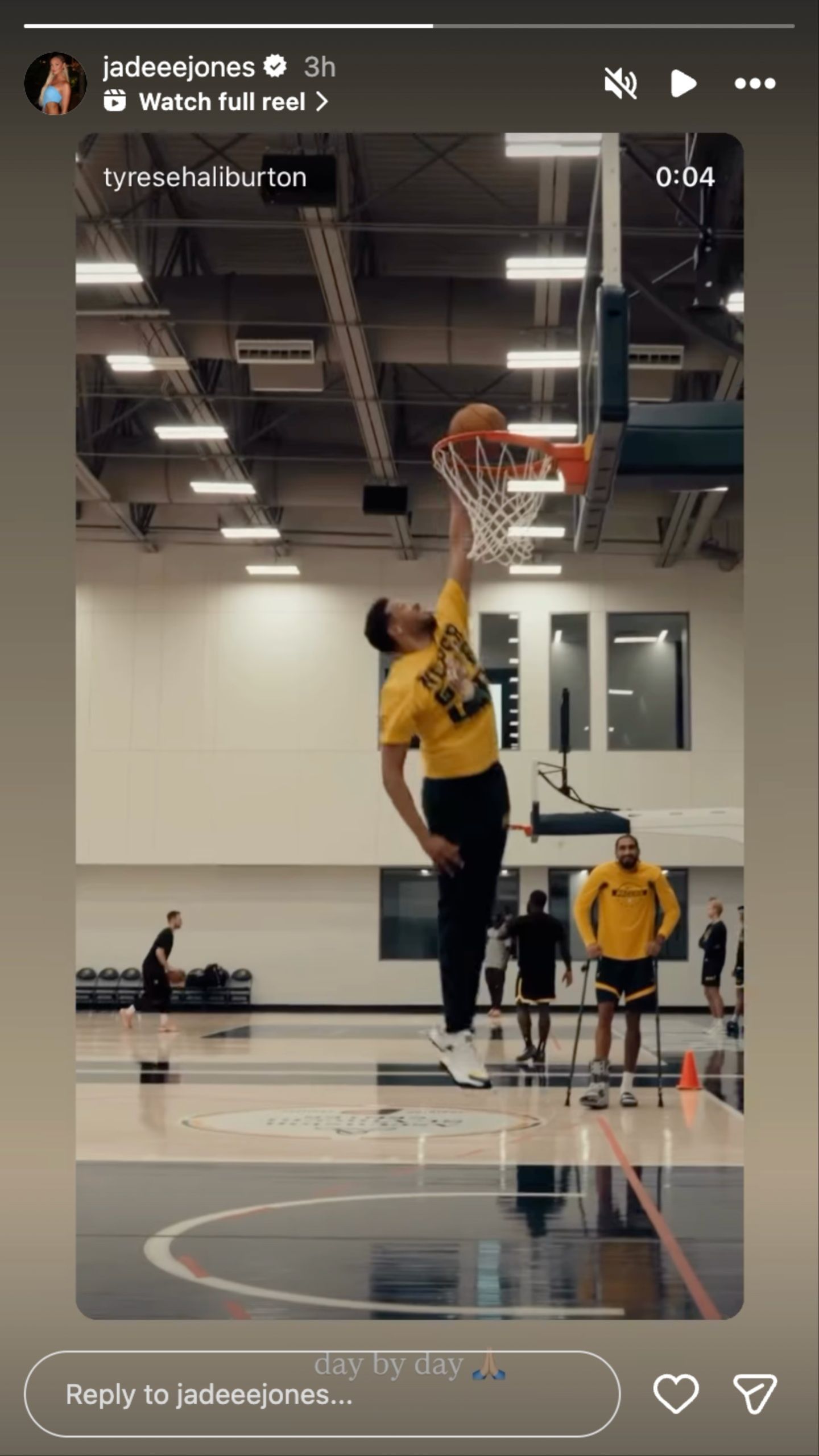 Jade Jones posted Tyrese Haliburton&#039;s video of himself doing a one-handed dunk.