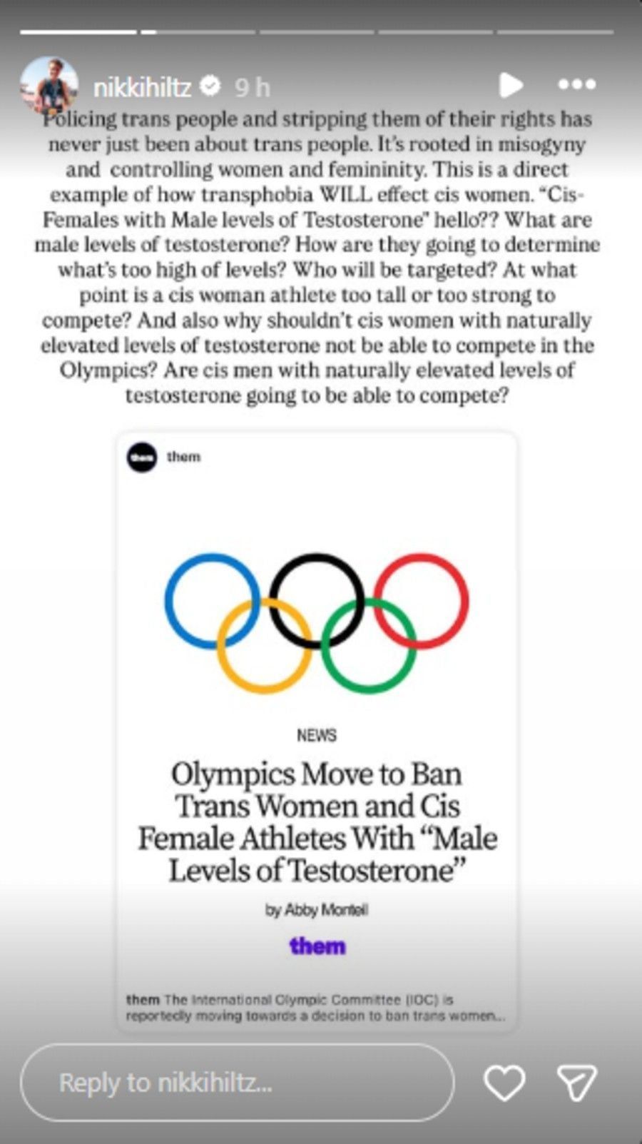 Screenshot of Hiltz&#039;s Instagram story.