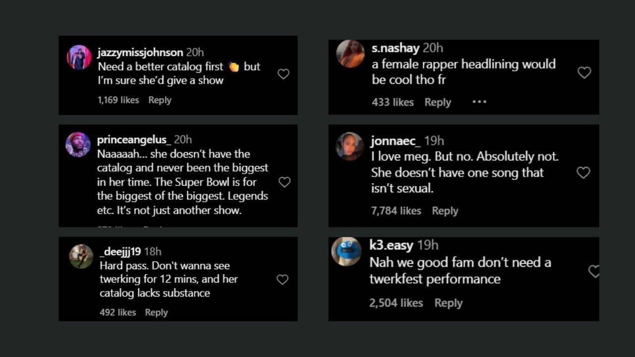 Fans comment on Megan Thee Stallion's Super Bowl Halftime show aspirations. (Credits: @theshaderoom/IG)