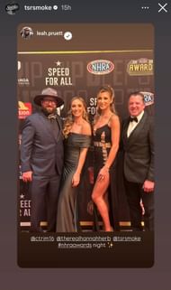 Photo from Leah Pruett’s Instagram story at the NHRA Awards banquet.