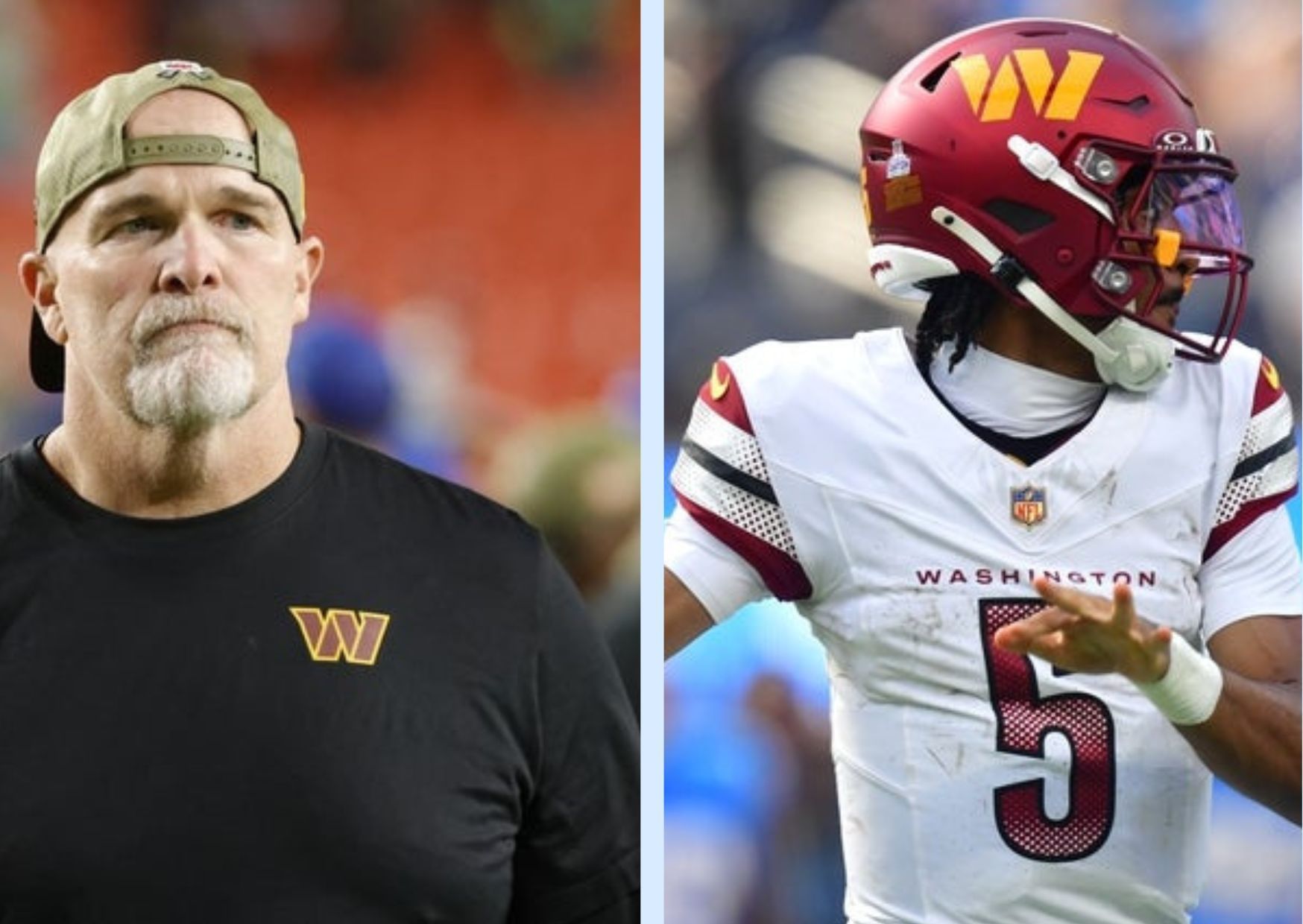 Washington Commanders head coach Dan Quinn and quarterback Jayden Daniels