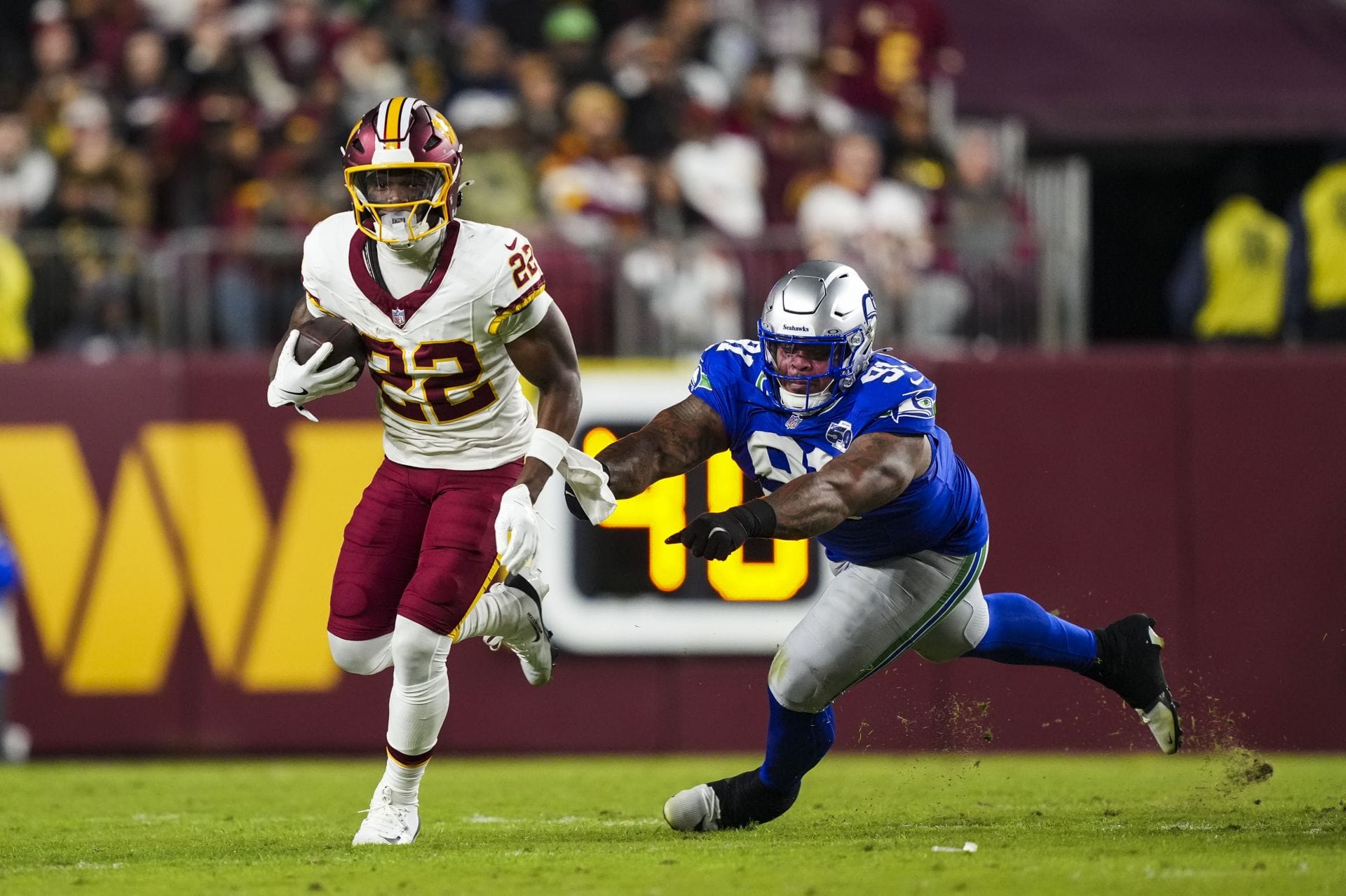 Jacory Croskey-Merritt at Seattle Seahawks v Washington Commanders - NFL 2025 - Source: Getty