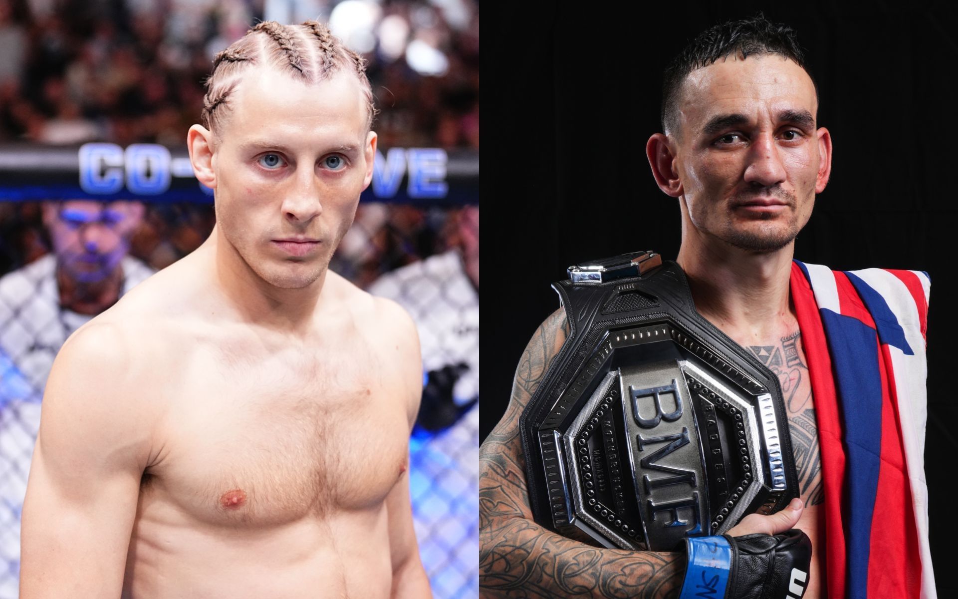 Max Holloway (right) talks Paddy Pimblett