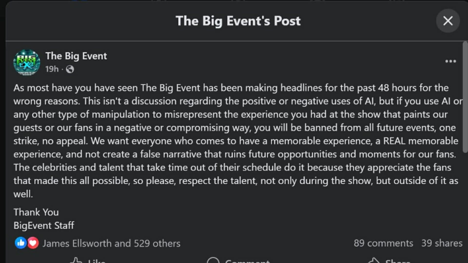 The Big Event makes official statement regarding attendees using AI to &quot;misrepresent&quot; the experience (Credit: Big Event&#039;s Facebook page)