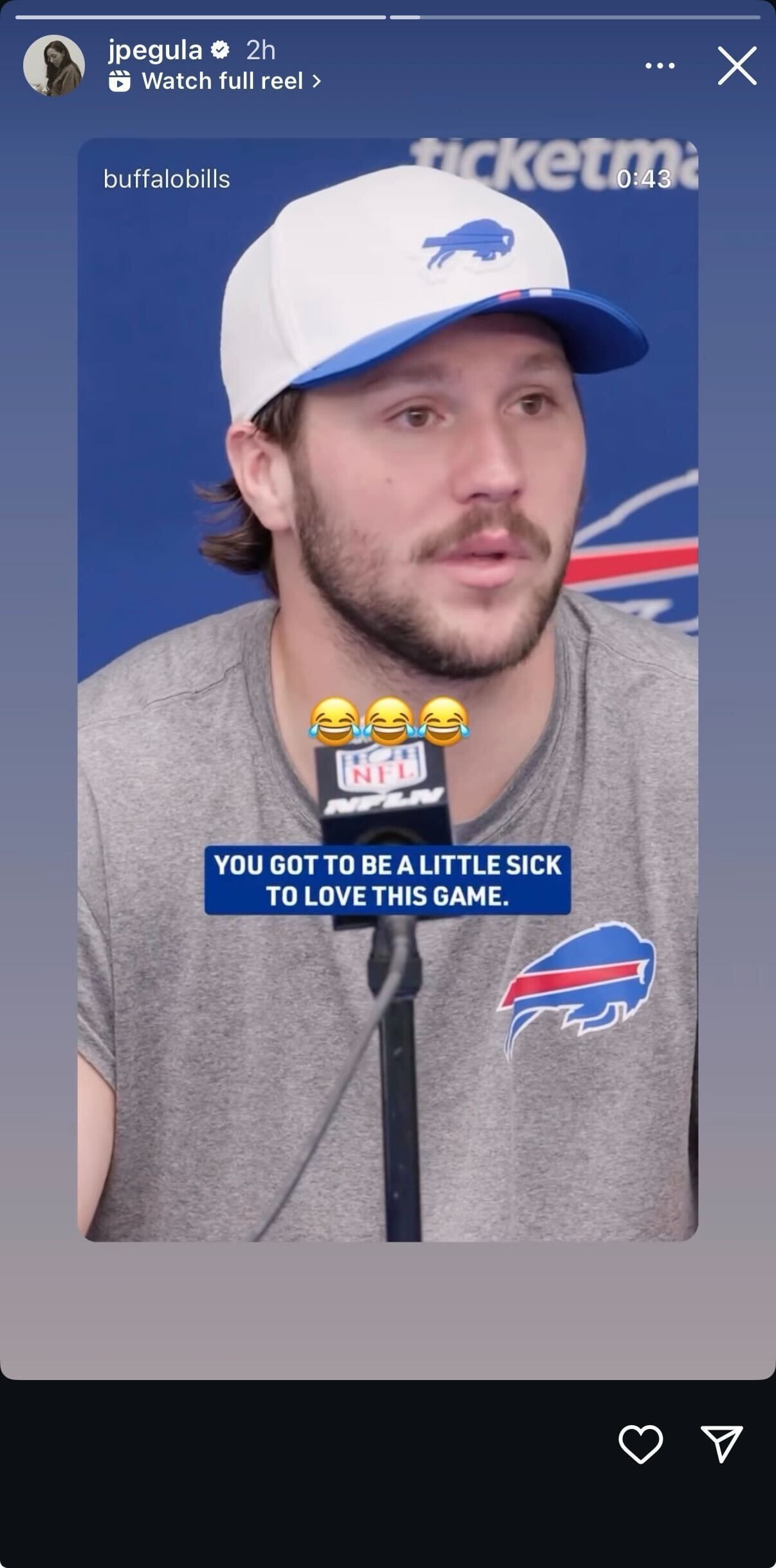 Instagramový príbeh Peguly s Allenom "chorí" citát a virálny touchdown moment proti Buccaneers (Zdroj: Instagram/jpegula)