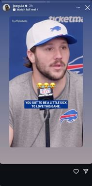 Pegula's Instagram Story featuring Allen's "chorí" citát a virálny moment pristátia proti Buccaneers (Zdroj: Instagram/jpegula)