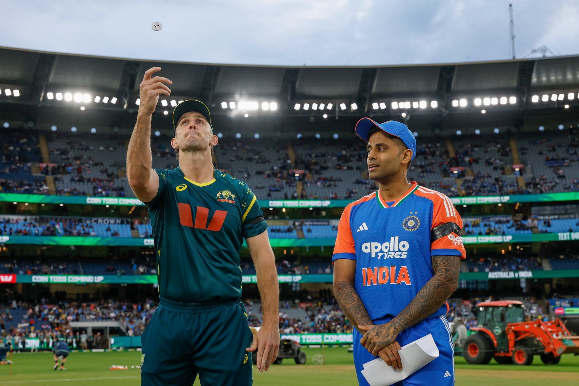 Mitchell Marsh and Suryakumar Yadav during toss. (Credits: BCCI X)