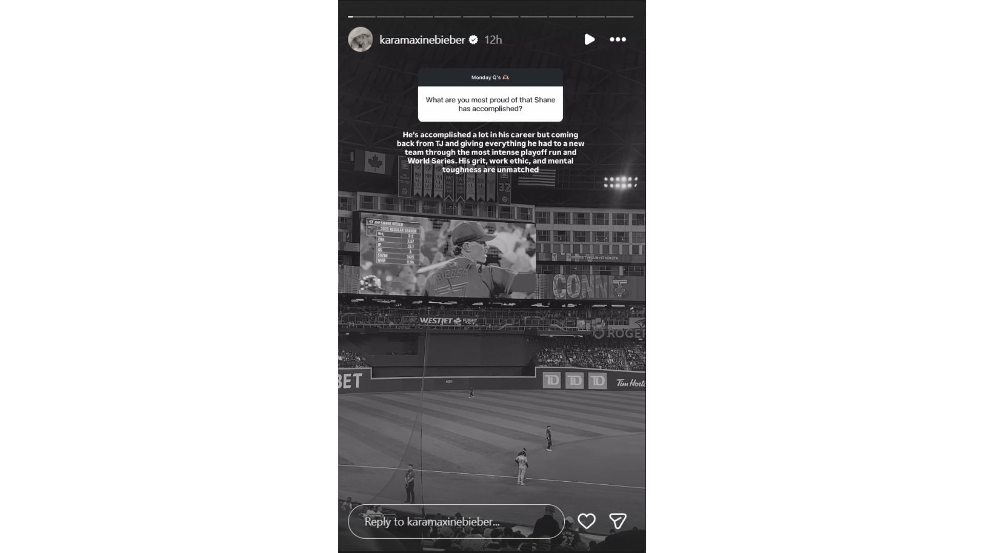 Kara Bieber&#039;s Instagram Story talking about her husband&#039;s biggest accomplishments (Source: Instagram @karamaxinebieber)