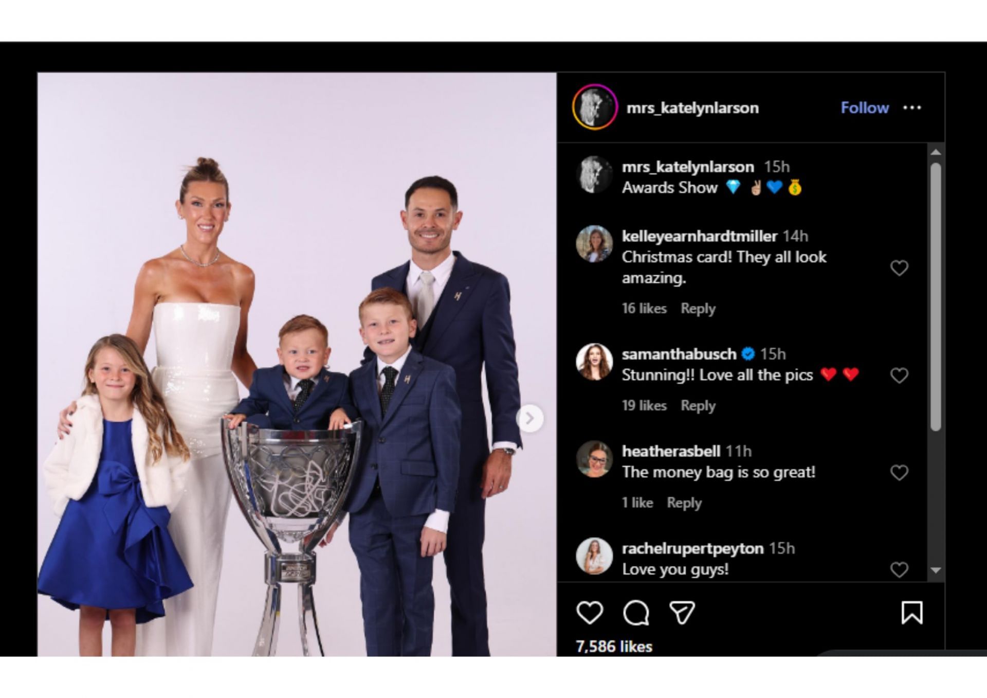 Kyle Larson and family posing with the NASCAR Cup championship trophy - via @mrs_katelynlarson on Instagram