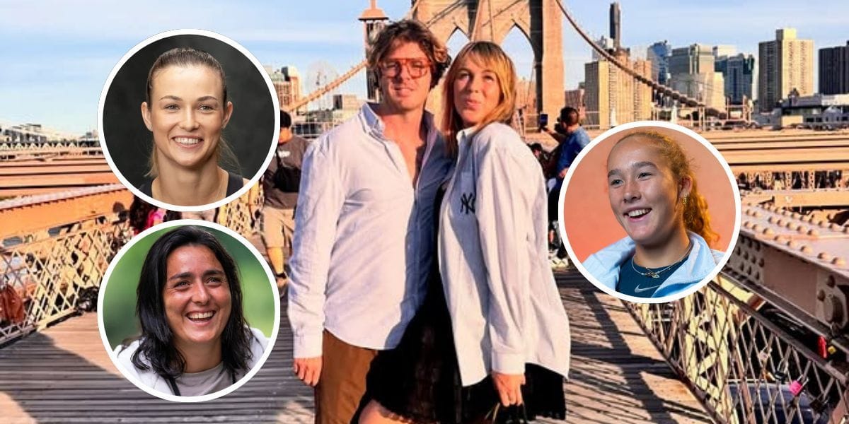 Anastasia Pavlyuchenkova with Mathias (background), Mirra Andreeva (right inset), Anna Kalinskaya (top left inset), Ons Jabeur (bottom left inset), Sources: Getty, Instagram/nastia_pav