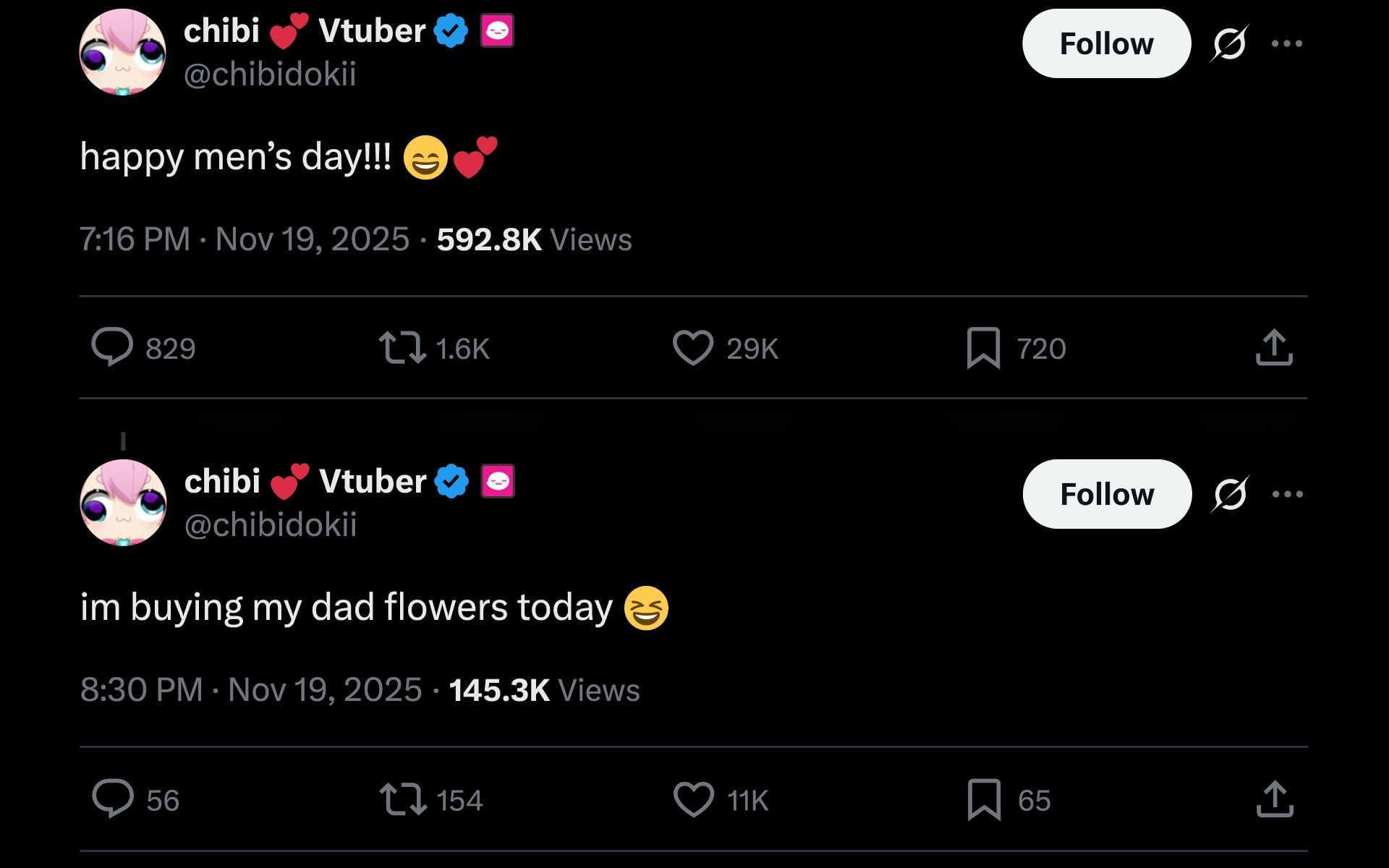 VTuber Chibidoki&#039;s X post about International Men&#039;s Day, dated November 19, 2025 (Image via x.com/chibidokii)