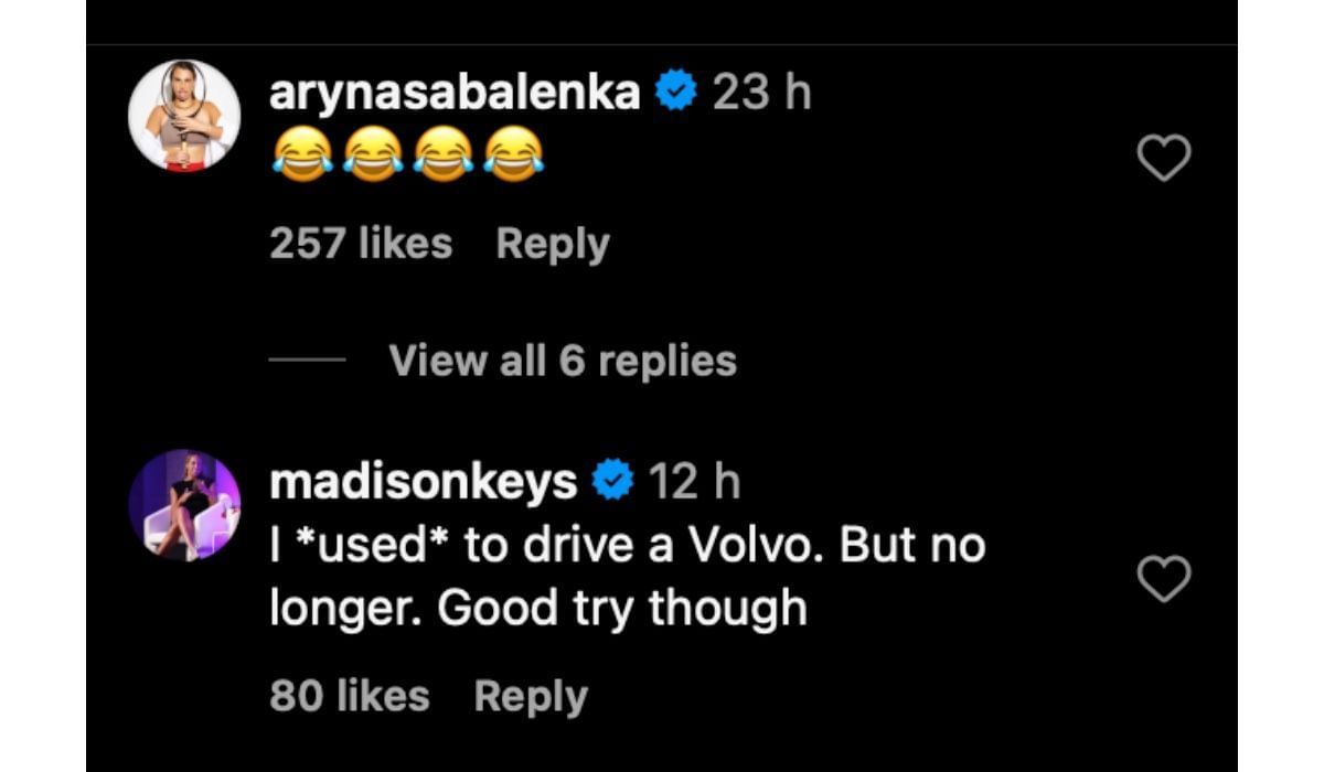 Aryna Sabalenka and Keys&#039; comments on Instagram