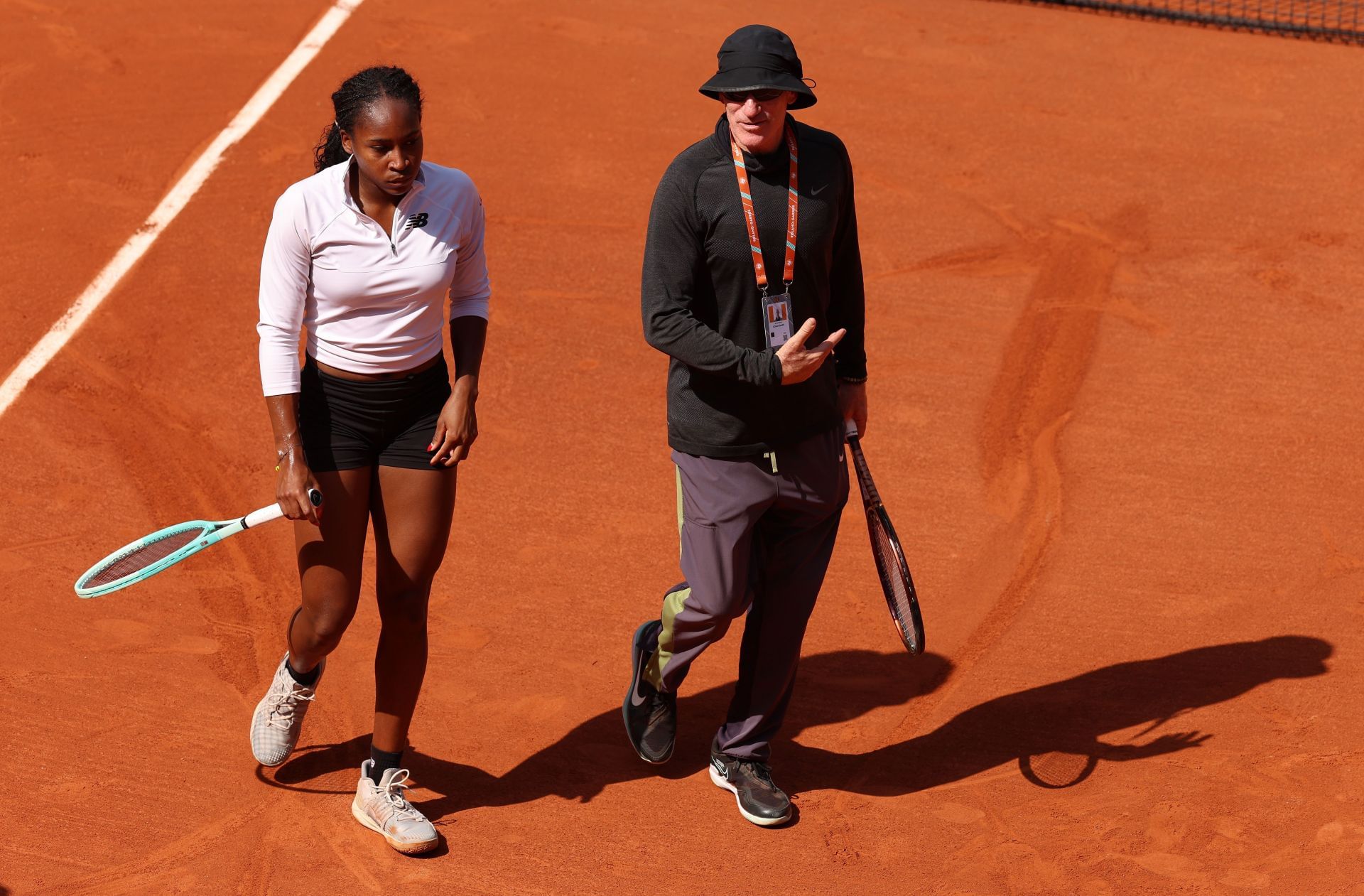 Coco Gauff (left) with Brad Gilbert (right) during a practice session at the 2024 French Open (Source: Getty)