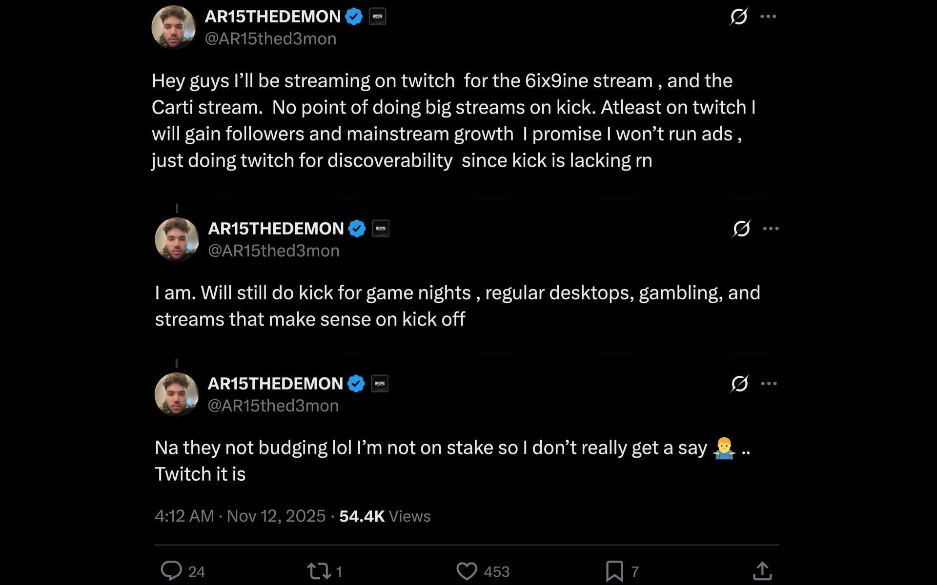 The streamer&#039;s X posts from November 11, 2025 (Image via X/@AR15thed3mon)