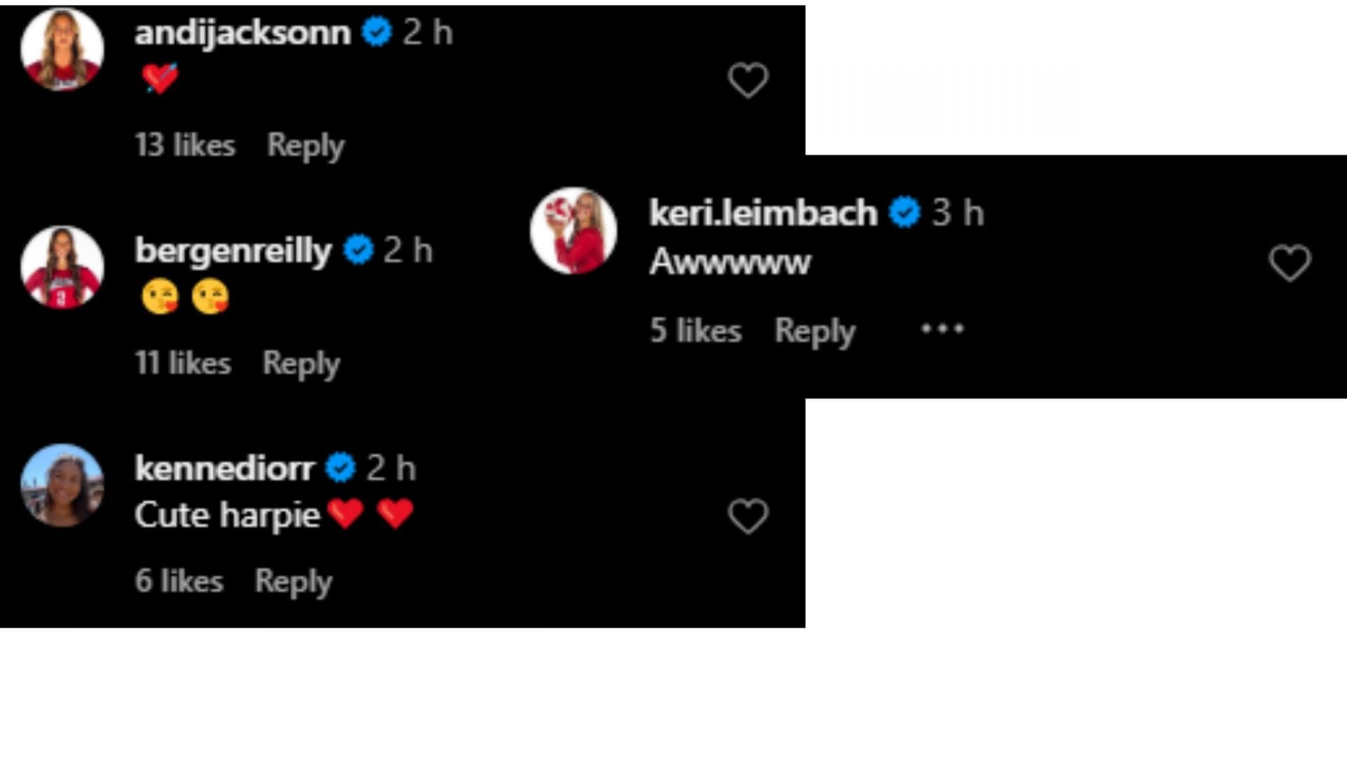 Screengrabs of Nebraska Volleyball players&#039; comments on Harper Murray&#039;s post [Image Source: Harper Murray&#039;s Instagram]