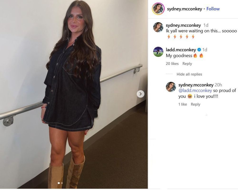 Ladd McConkey melts over wife Sydney&#039;s chic denim co-ord outfit for Chargers vs. Steelers Week 10 clash [IG/@sydeny.mcconkey]