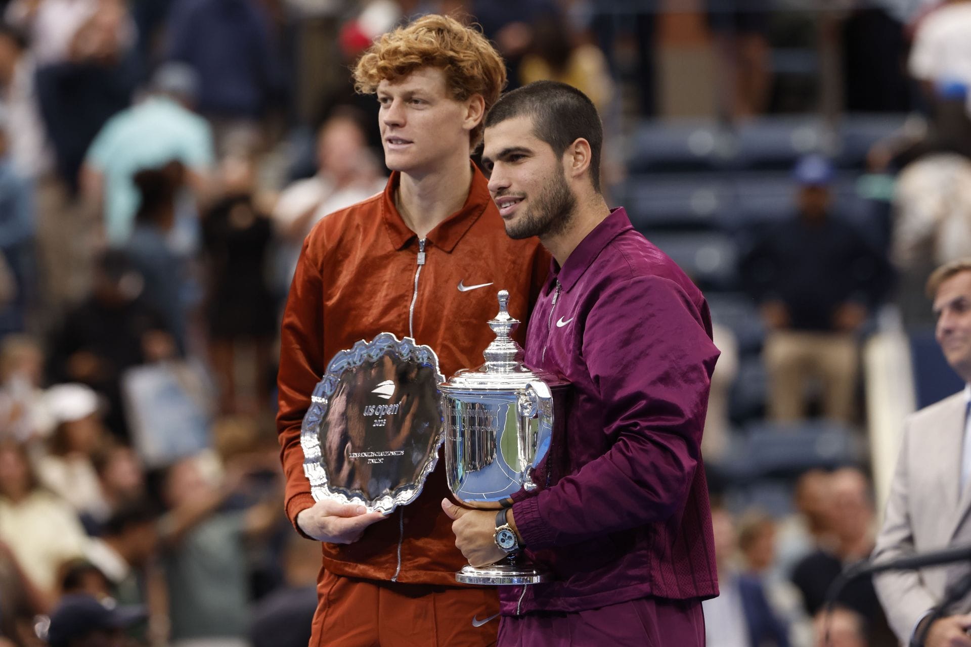 Carlos Alcaraz and Jannik Sinner with their 2025 US Open trophies - Source: Getty
