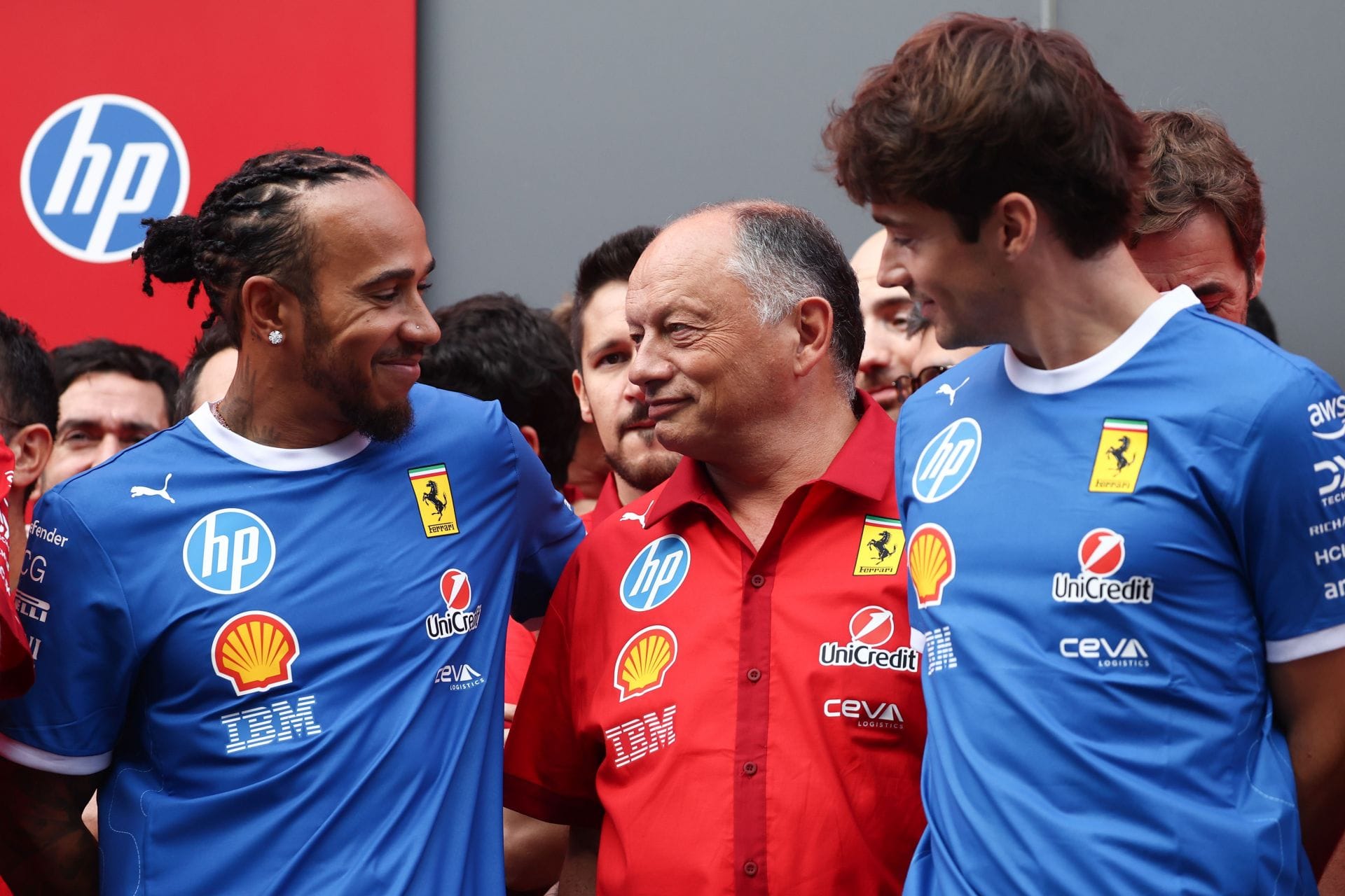 Ferrari's Lewis Hamilton, Frédéric Vasseur and Charles Leclerc at Monza. Source: Getty