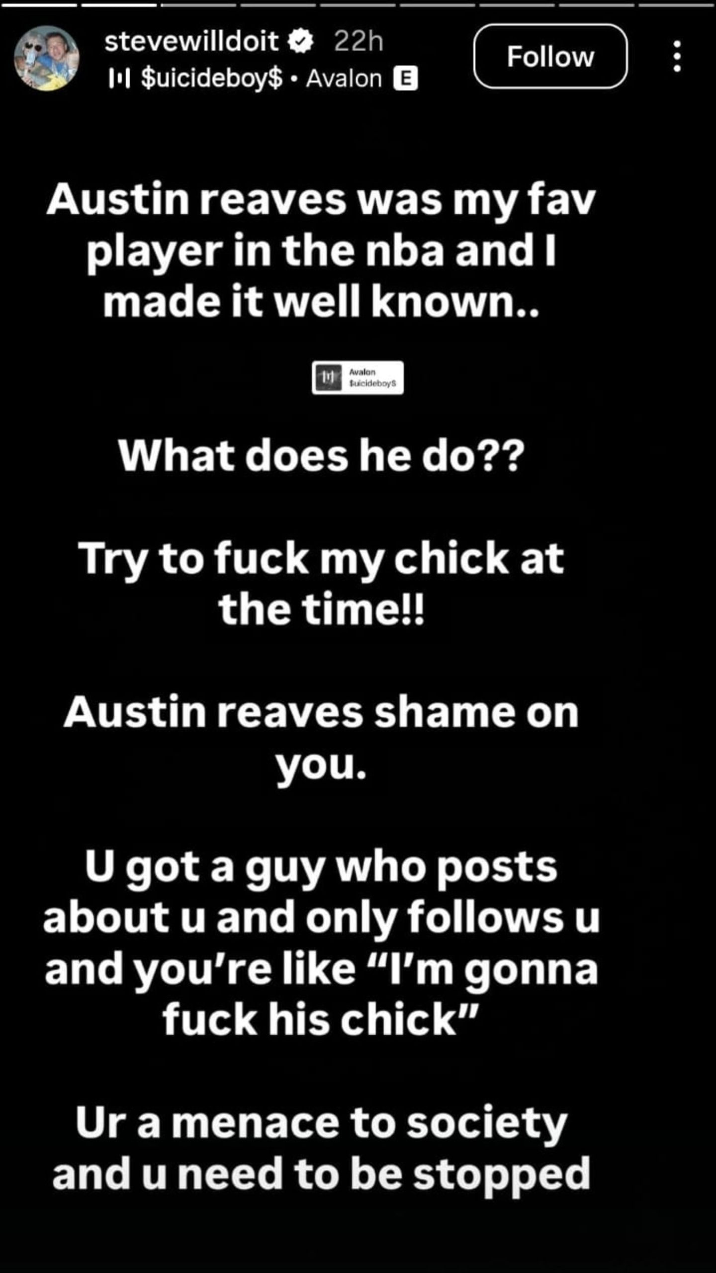 Stephen Deleonardis&#039; Instagram story accusing Lakers stars of flirting with his girlfriend.