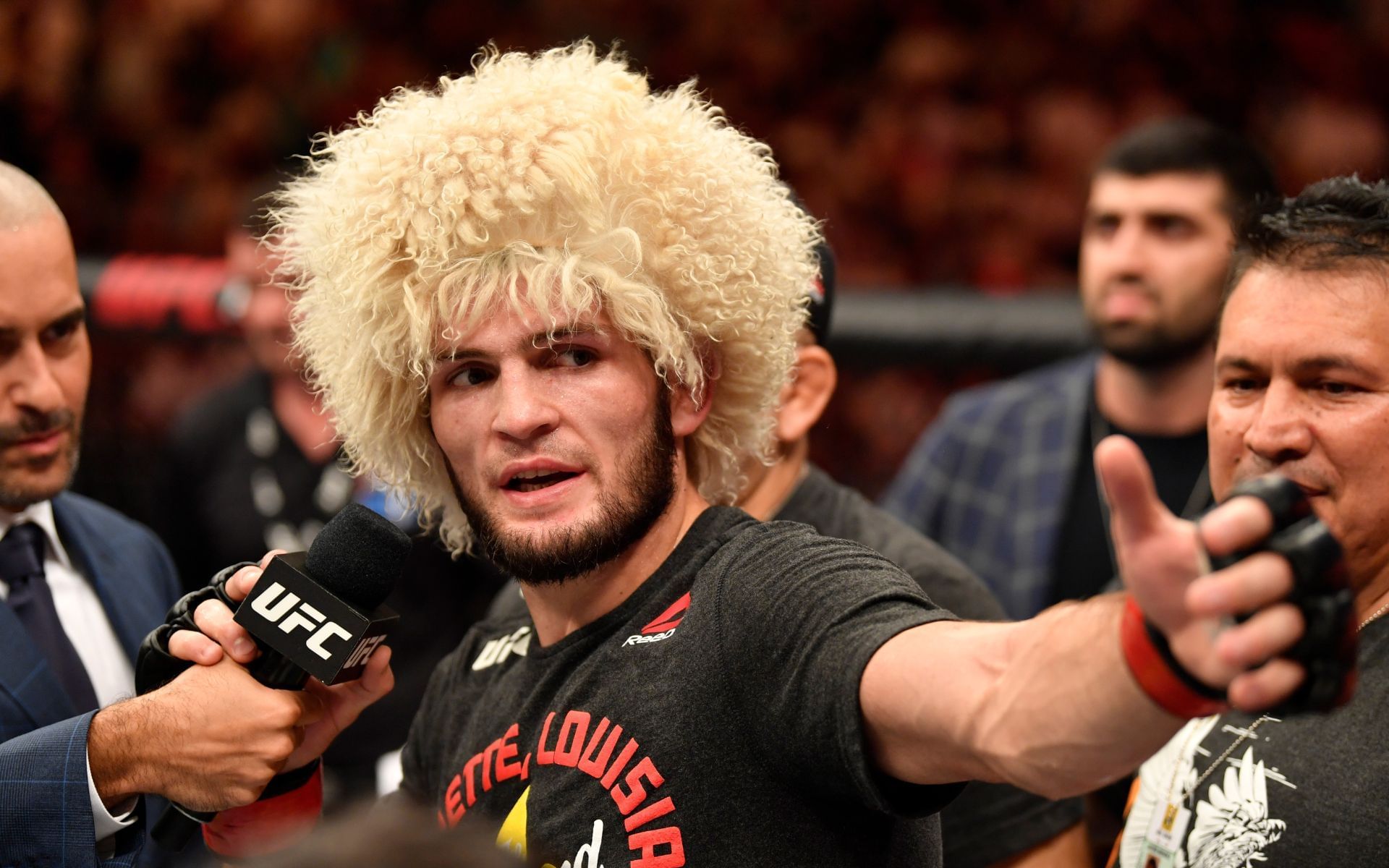 Khabib Nurmagomedov (pictured) after his submission win over Dustin Poirier. [Image courtesy: Getty Images]