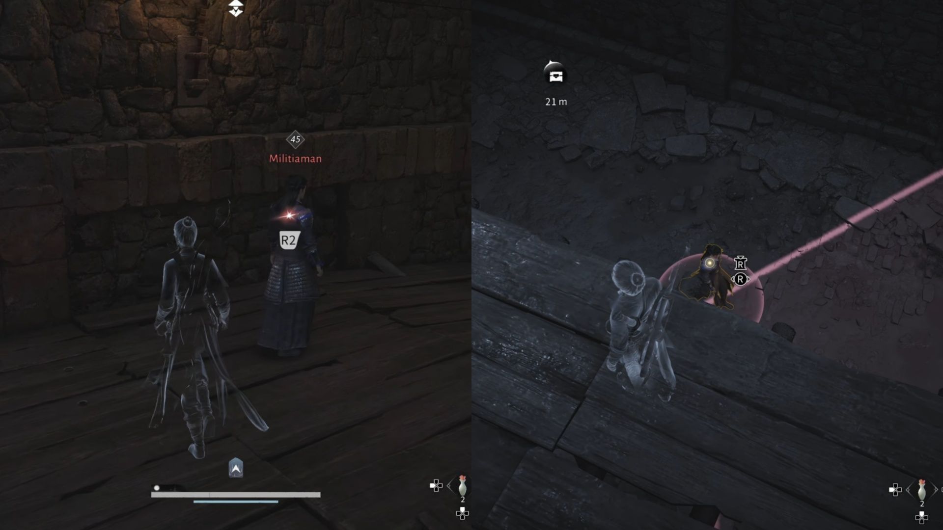 Climb the ladder, drop this guy, and then Batman drops onto the guard at the end of the path (Image via NetEase)