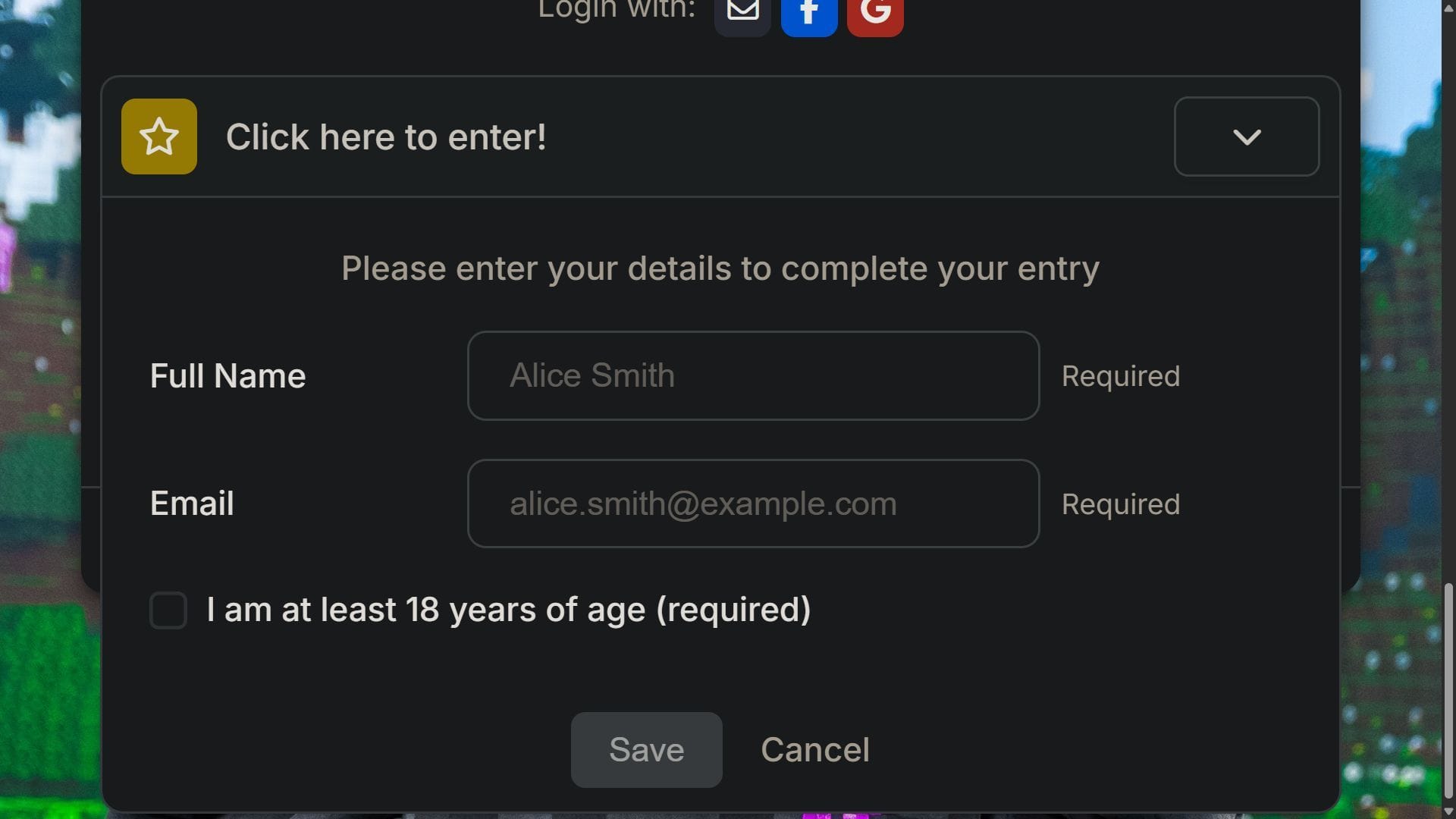 Enter your basic details to enter the giveaway with one point (Image via gleam.io)