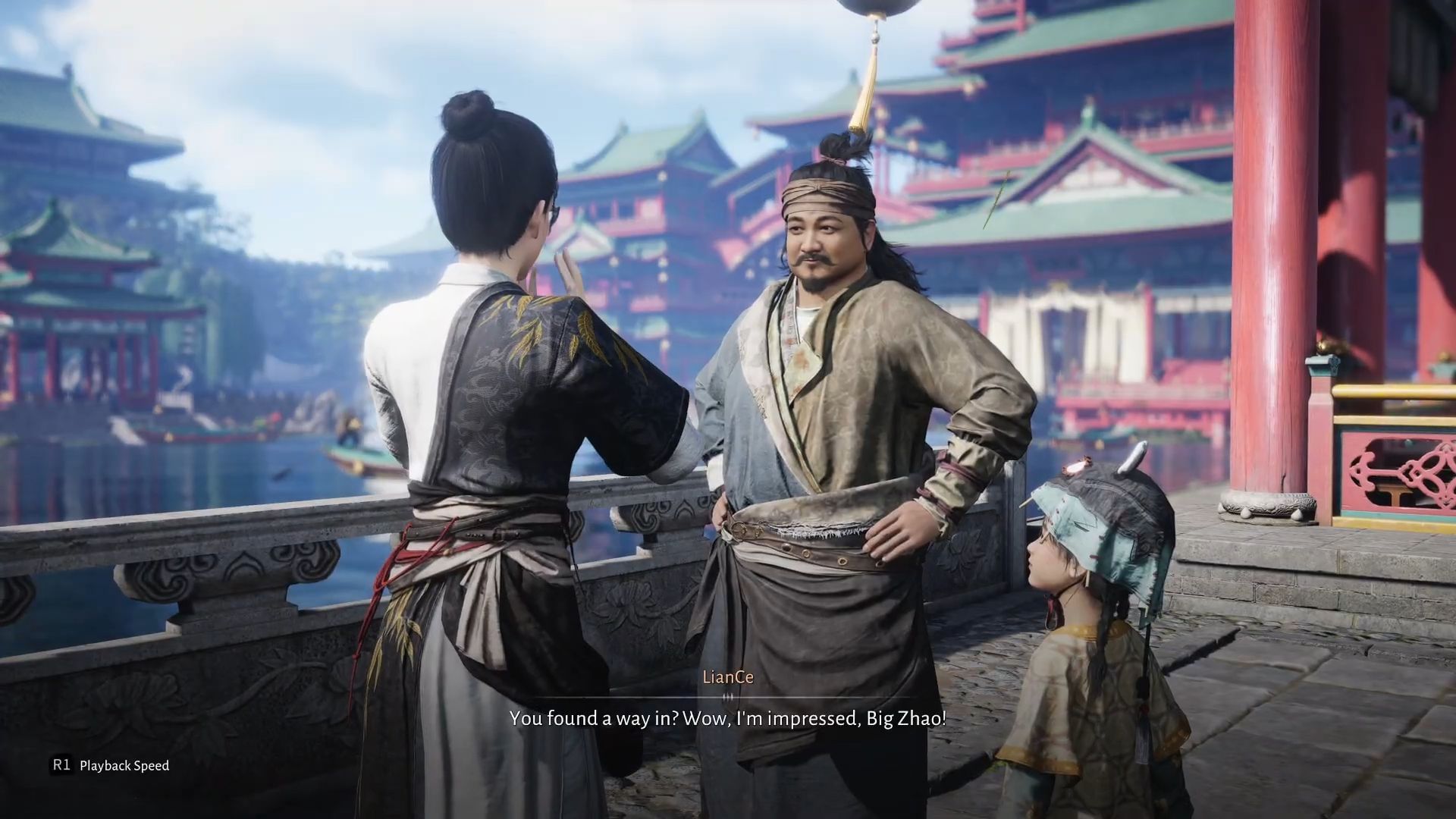 Meeting Big Zhao at the bridge during the Gathering of Heroes quest (Image via Sportskeeda Gaming || NetEase Games)