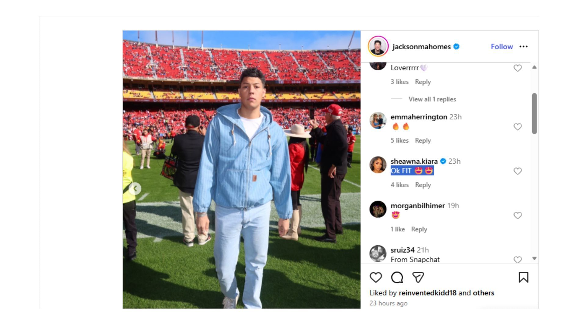Sheawna commented on Jackson&#039;s Instagram post. (Credit:@jacksonmahomes)