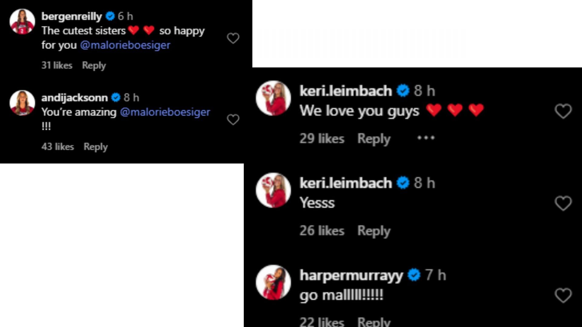 Screengrab of Nebraska Volleyball&#039;s players&#039; comments [Image Source : Nebraska Volleyball&#039;s Instagram]
