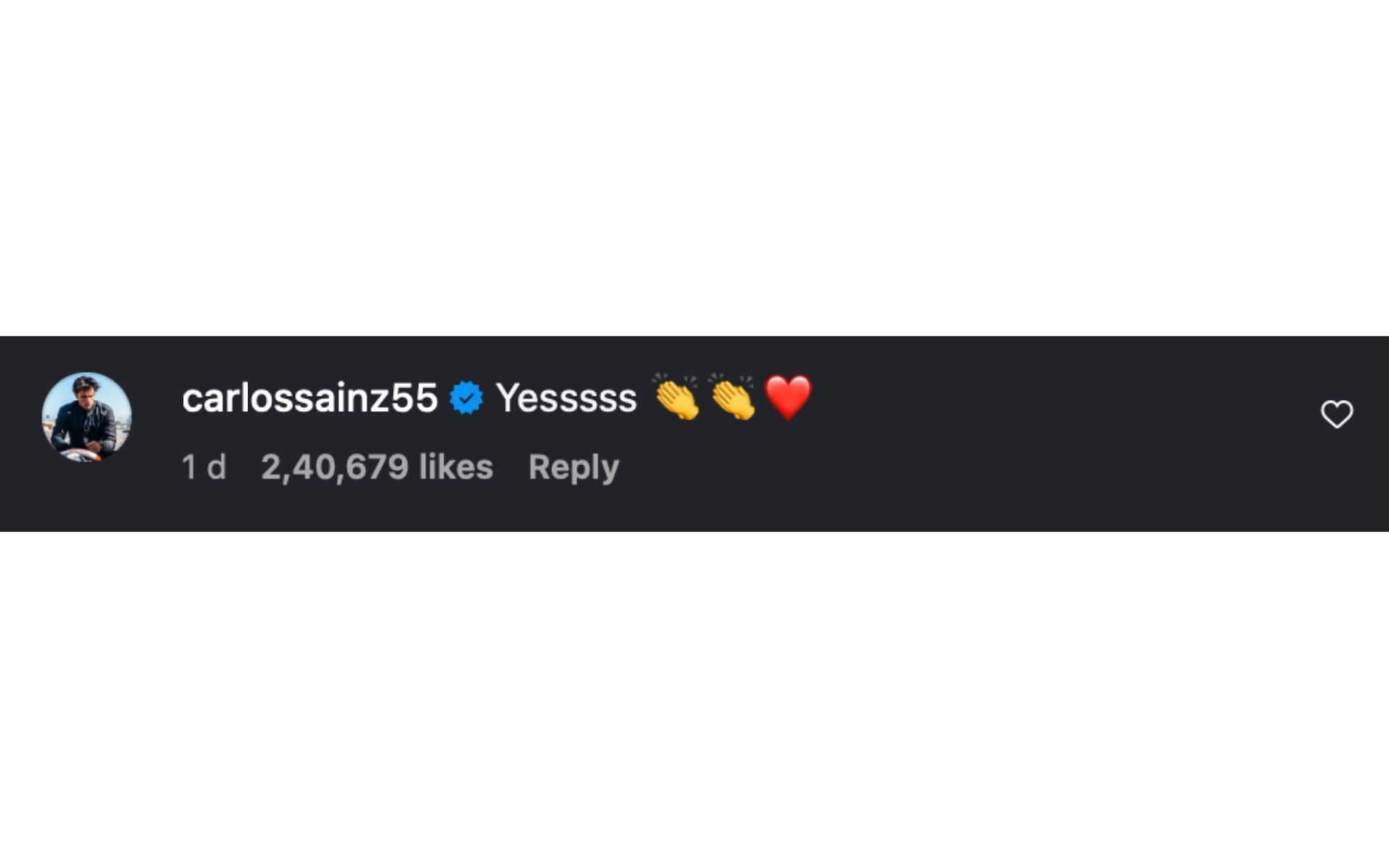 Carlos Sainz&#039;s comment on Leclerc&#039;s Instagram post announcing his engagement with Alexandra Saint Mleux | Source: Instagram