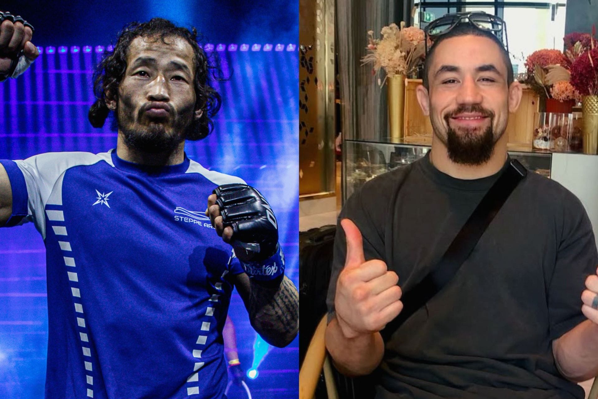 (From left) Enkh-Orgil Baatharkhuu and Robert Whittaker. [Images: ONE Championship and Instagram @robwhittakermma https://www.instagram.com/p/DBn3CD2z14W/?hl=en]