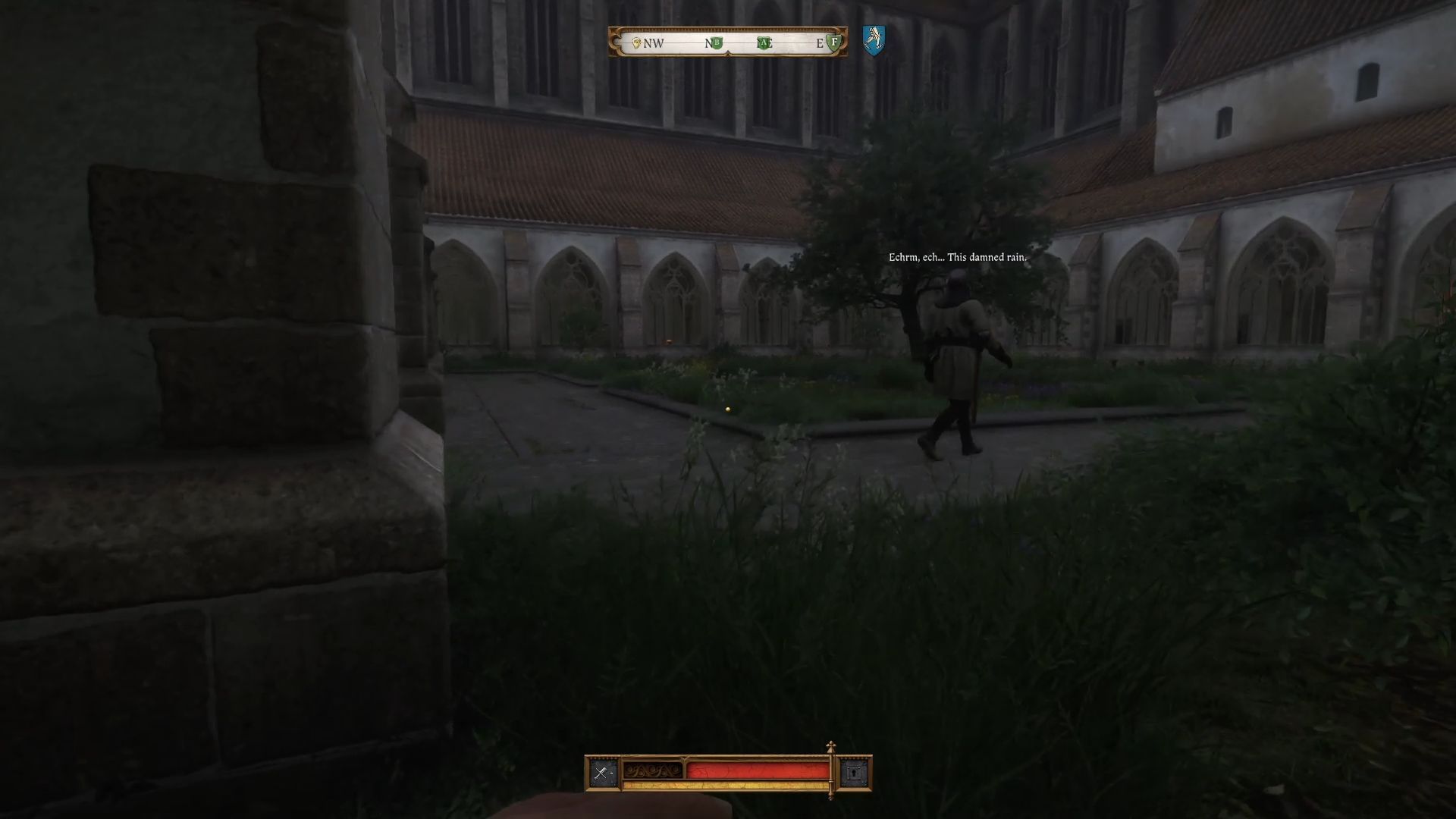 Wait for the guard to enter the garden so you can take the exit (Image via Deep Silver)