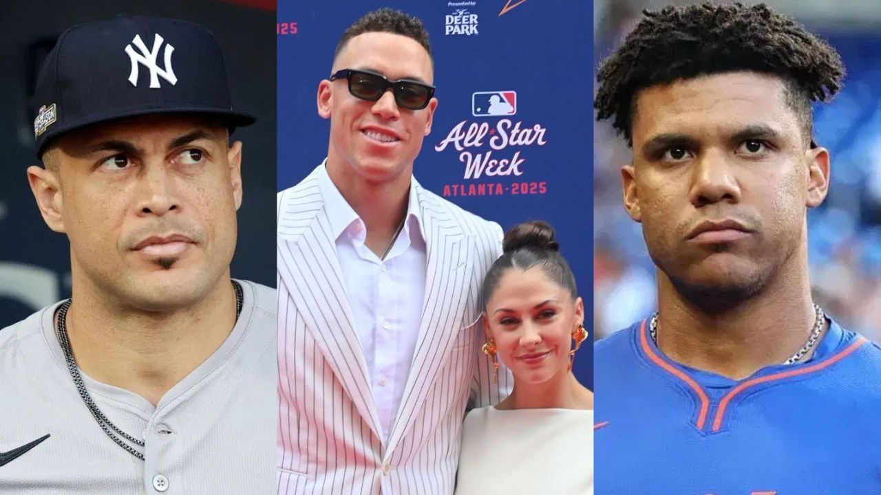 Giancarlo Stanton (L), Aaron Judge with his wife, Samantha (C), Juan Soto (L) (Images from - Getty)