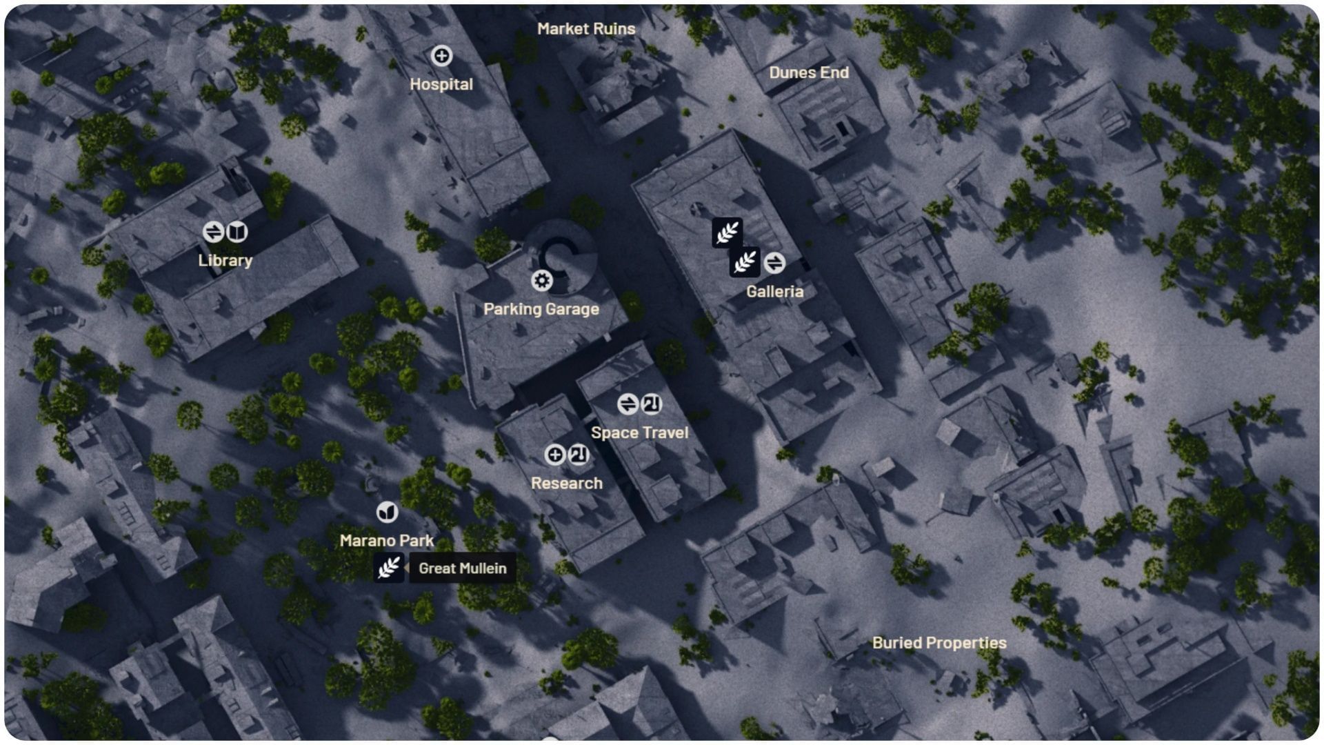 Where to find Great Mullein in ARC Raiders 4 Harvest locations in The Buried City (Image via arcraidersmaps.app)