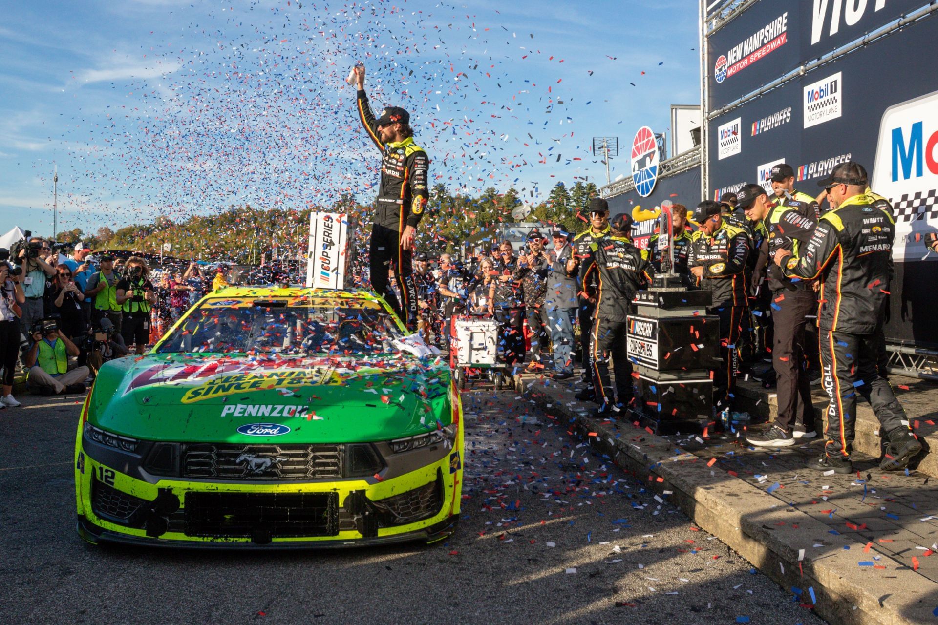 Ryan Blaney (12) after winning the Mobil 1 301 in Loudon, NH. Source: Getty
