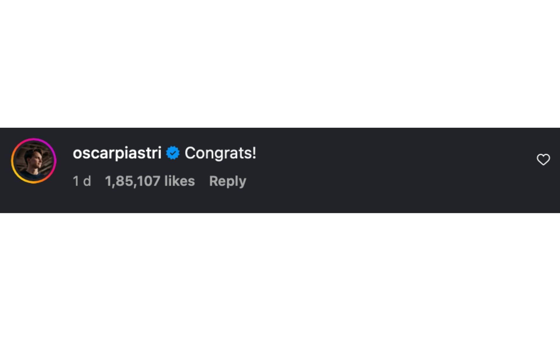 Oscar Piastri&#039;s comment on Leclerc&#039;s Instagram post announcing his engagement with Alexandra Saint Mleux | Source: Instagram