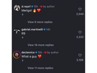 Declan Rice, David Raya & Gabriel Martinelli's comments (Image Source: Instagram/@mikelmerino)