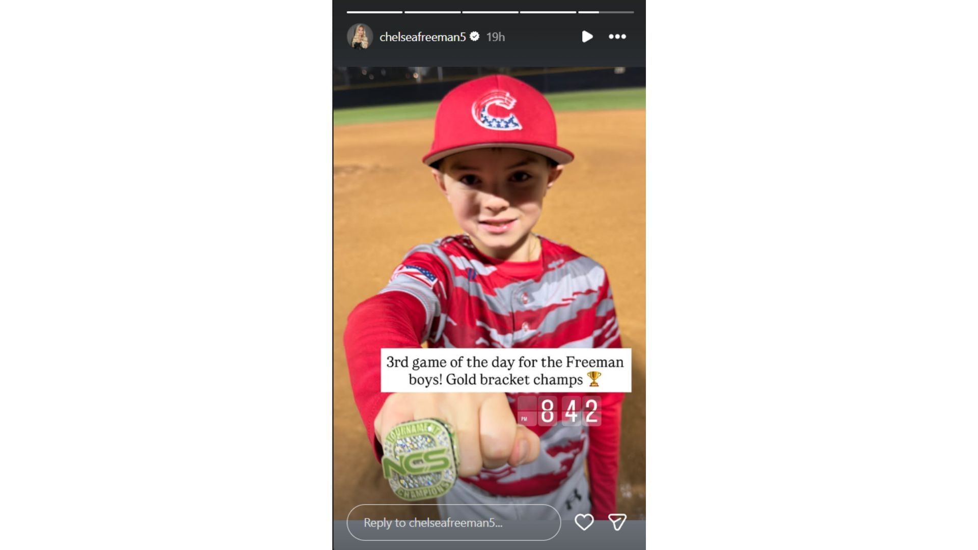 Chelsea Freeman&#039;s Instagram story featuring her son Charles celebrating with a winner&#039;s ring (Source: Instagram @chelseafreeman5)