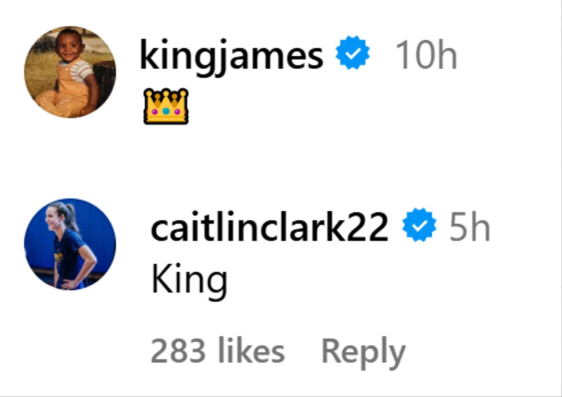 Caitlin Clark comments on LeBron James&#039; IG post. (Photo: @kingjames on Instagram)