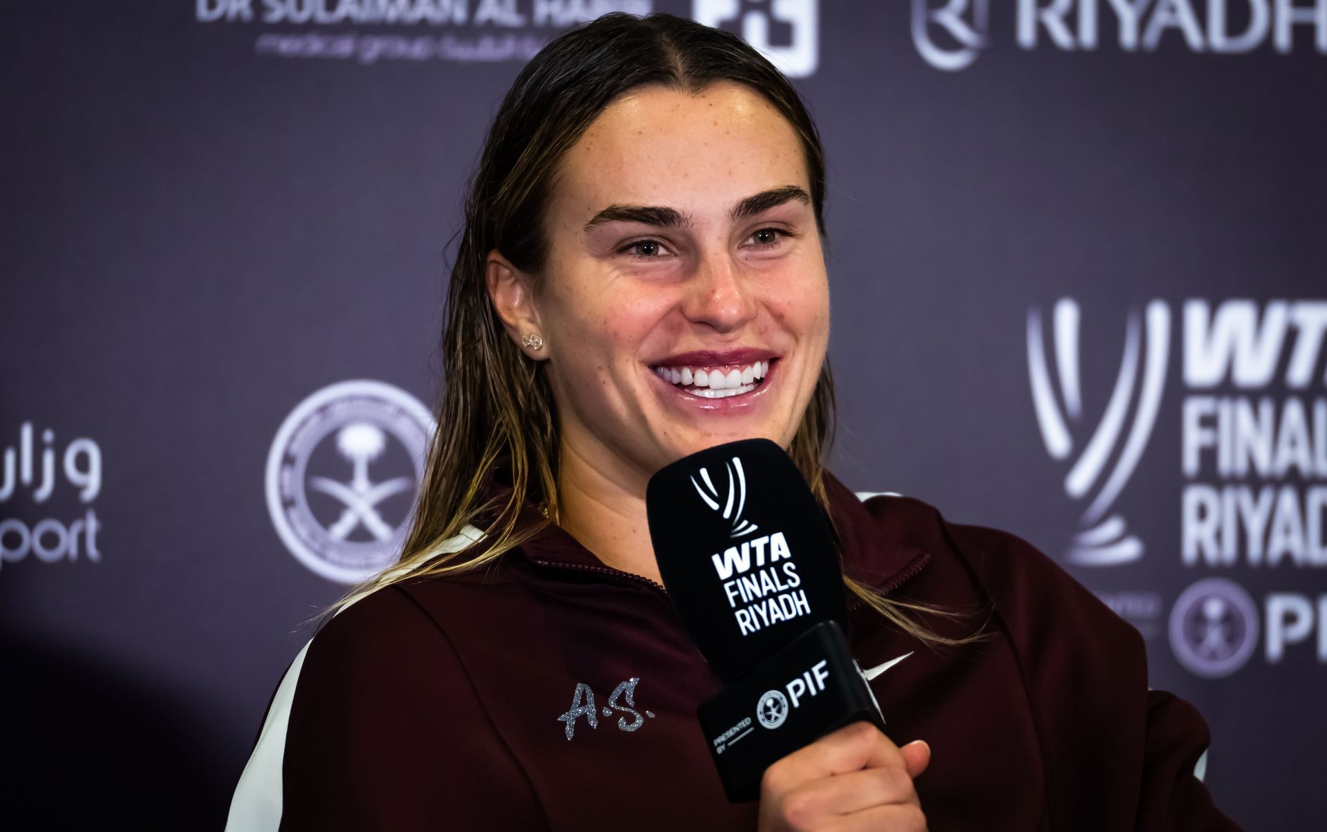 Aryna Sabalenka during a press conference at the 2025 WTA Finals (Source: Getty)