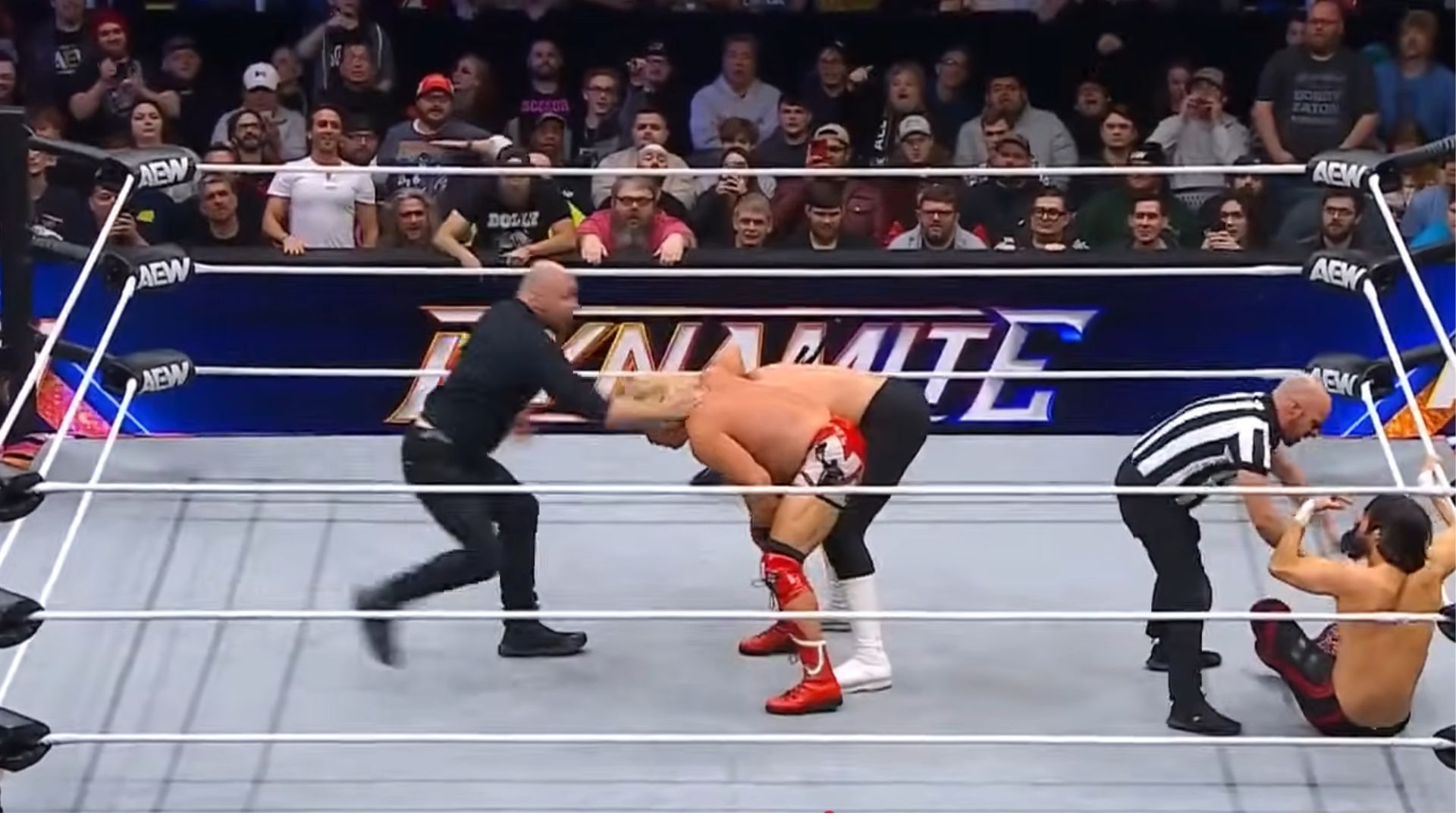 Jon Moxley attacking Jeff Jarrett during his match vs Claudio Castagnoli [Image via All Elite Wrestling on YouTube]