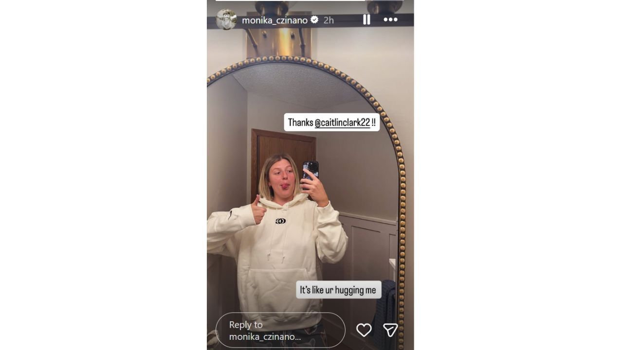 Monika Czinano thanks former Iowa teammate Cailtin Clark after receiving a Nike hoodie from the WNBA superstar on Wednesday. [photo: @monika_czinano/IG]