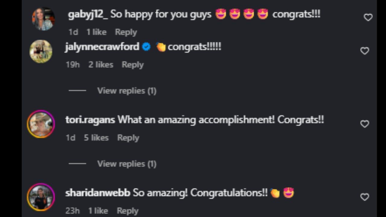 Screenshots of Gabriela Ruiz, Jalynne Crawford, Tori Ragans and Sharidan Webb&#039;s comments on Maggie Witt&#039;s Instagram post (Images from - Instagram.com/@maggswitt)