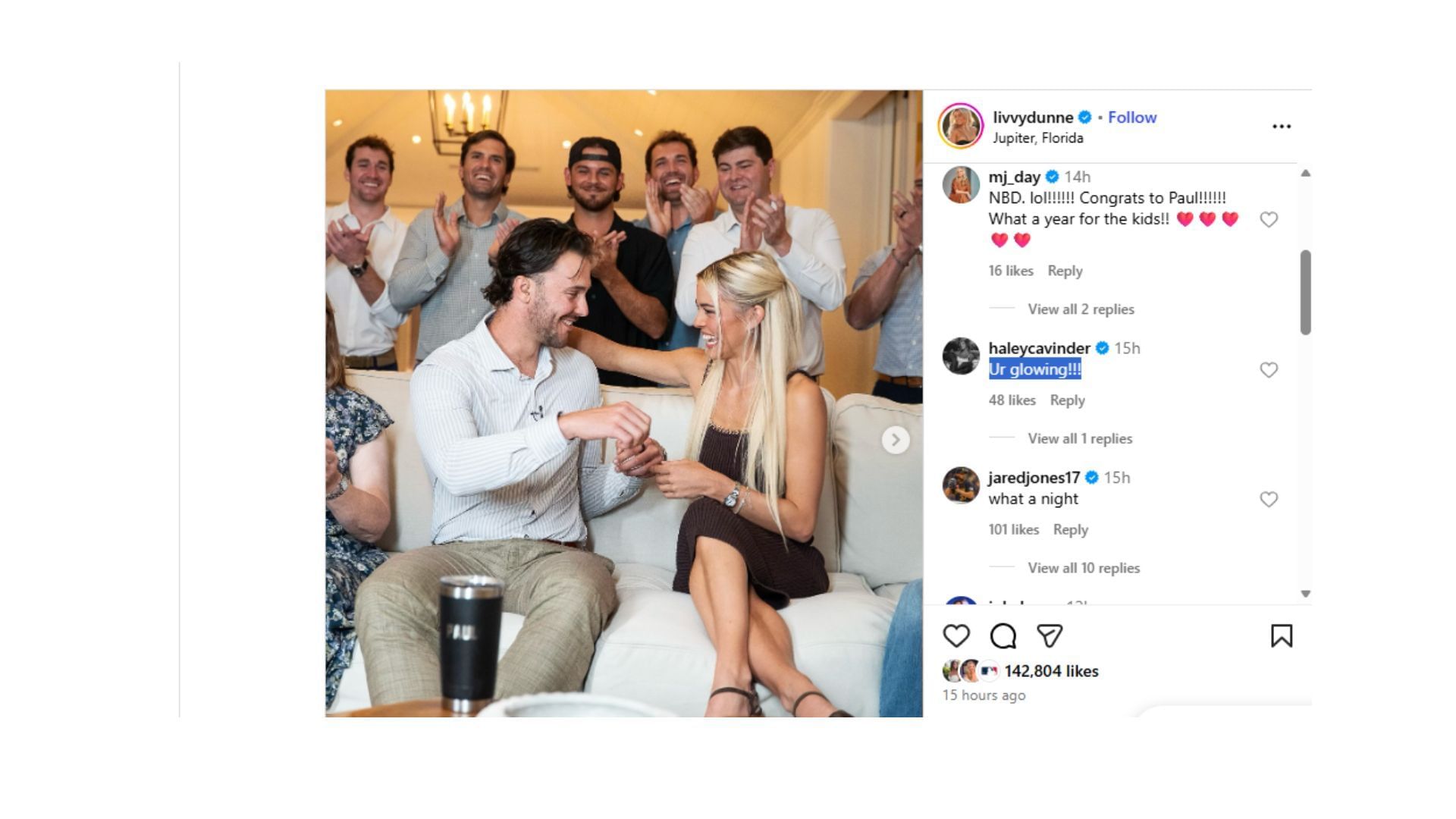 Haley Cavinder komentovala príspevok Livvy Dunne na Instagrame. (Kredit: @livvydunne)