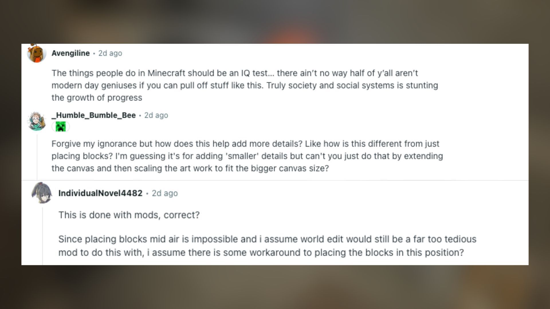 Redditors react to the 3D perspective art made in the blocky world (Image via Reddit)