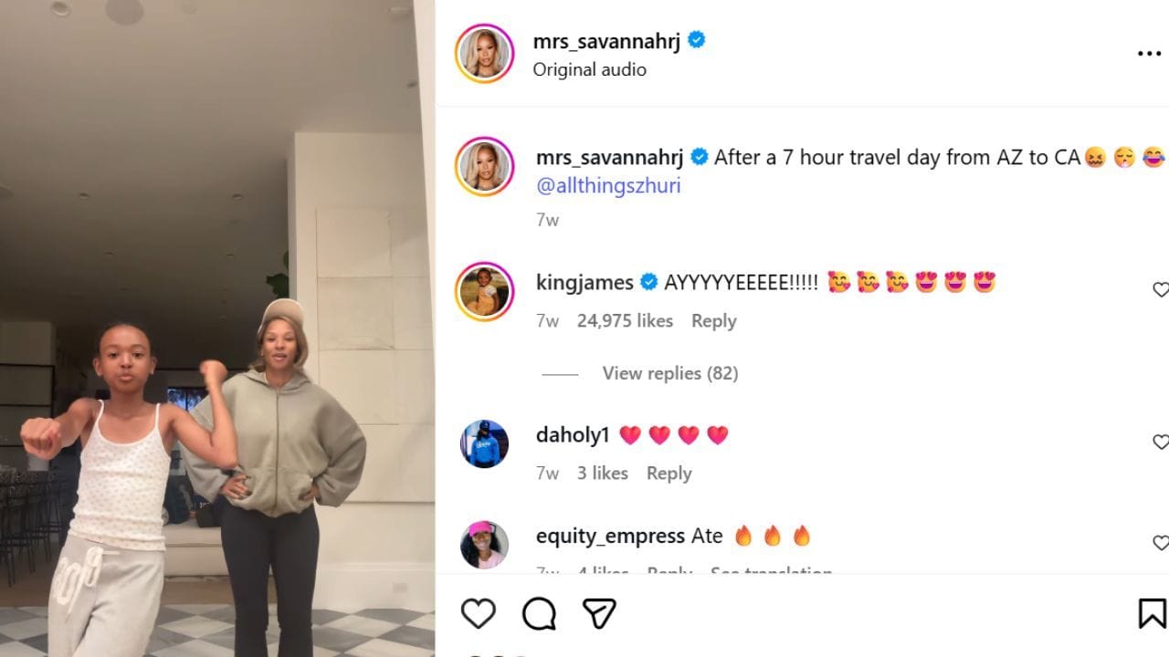 King James reacting last month on Instagram to a dance number from his wife Savannah and daughter Zhuri. [photo: @mrs_savannahrj/IG]