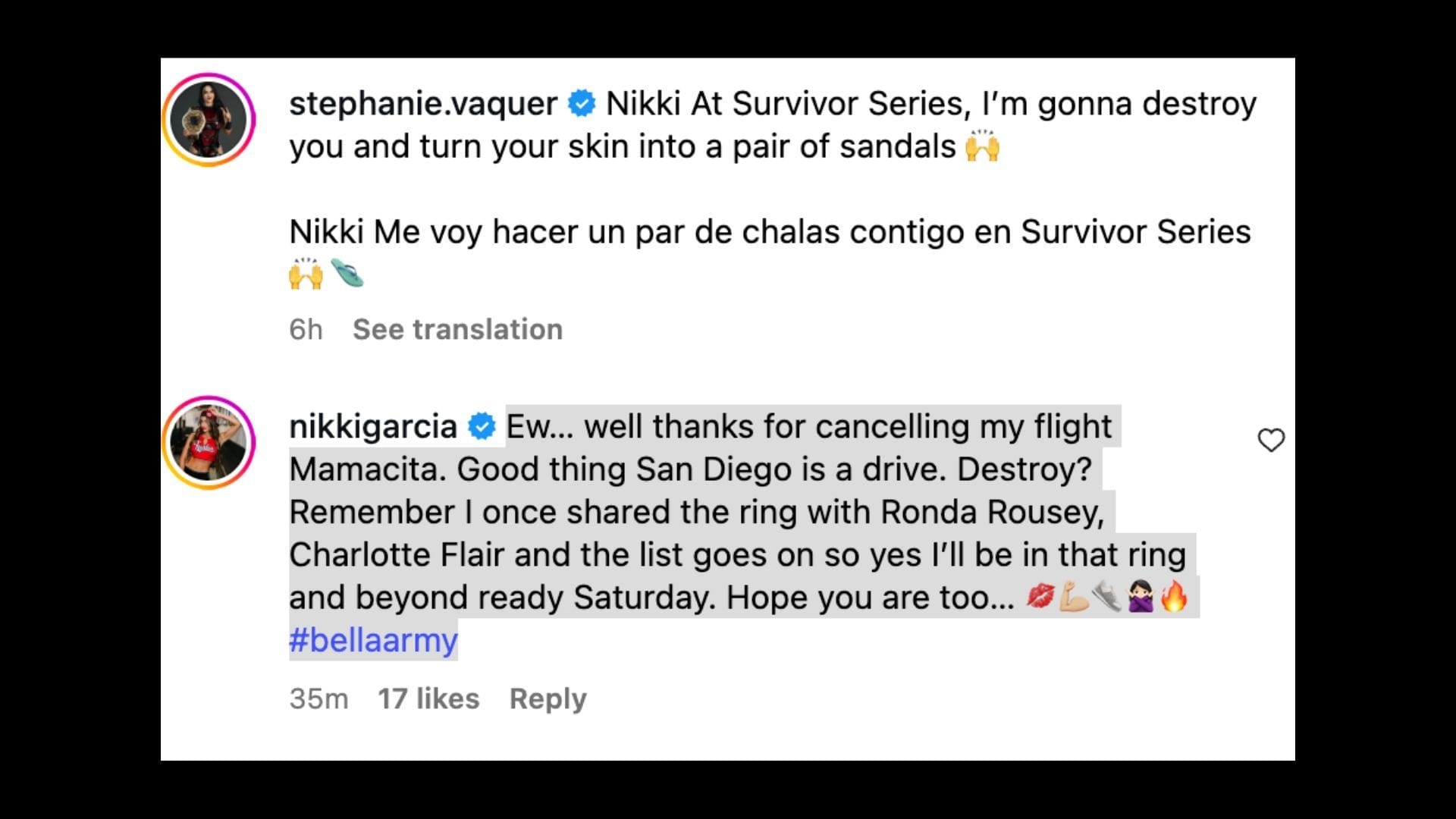 Bella and Vaquer traded words ahead of Survivor Series. [Image credit: Stephanie Vaquer on Instagram]