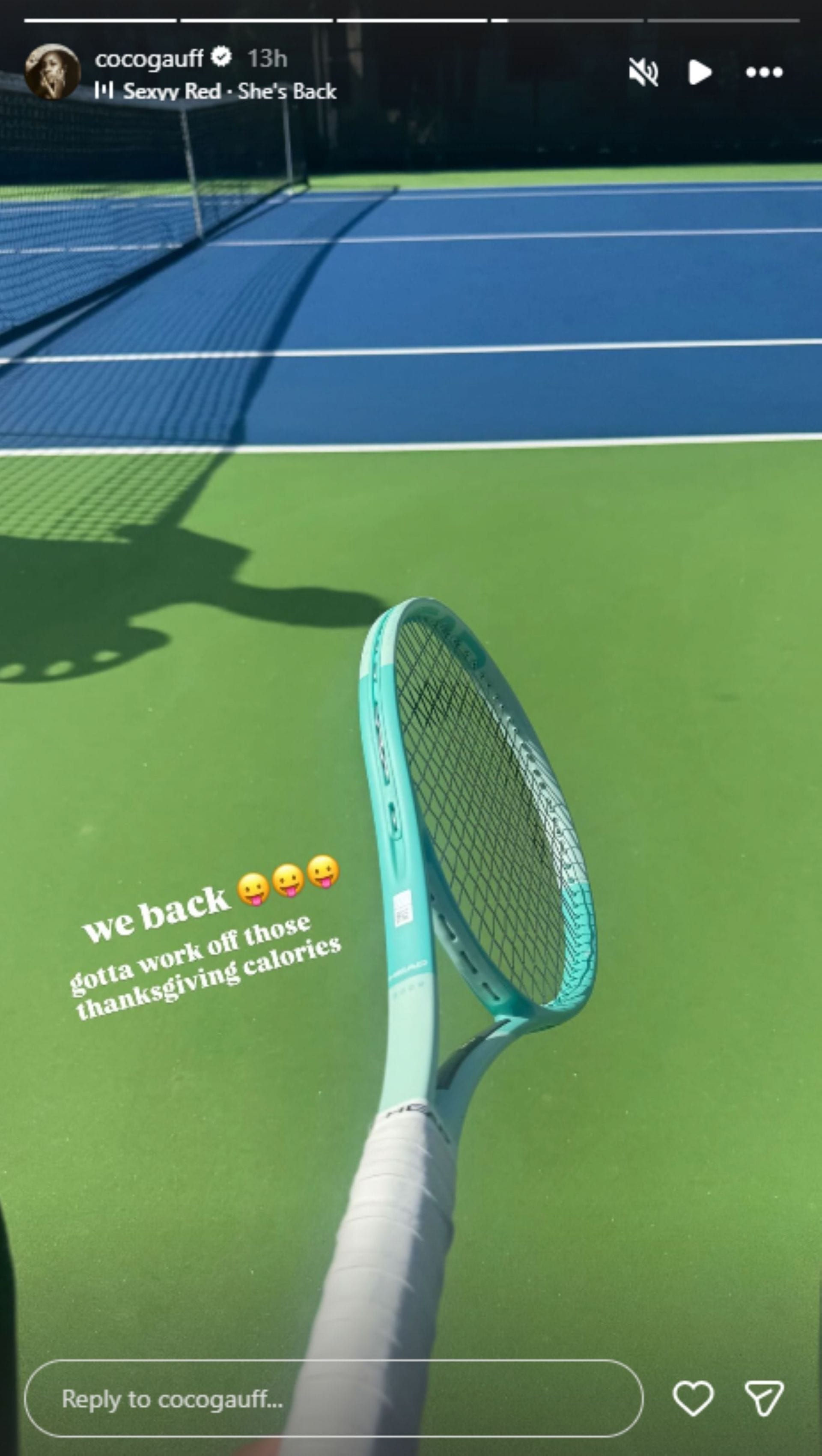 Gauff takes the tennis court post Thanksgiving; Instagram - @cocogauff