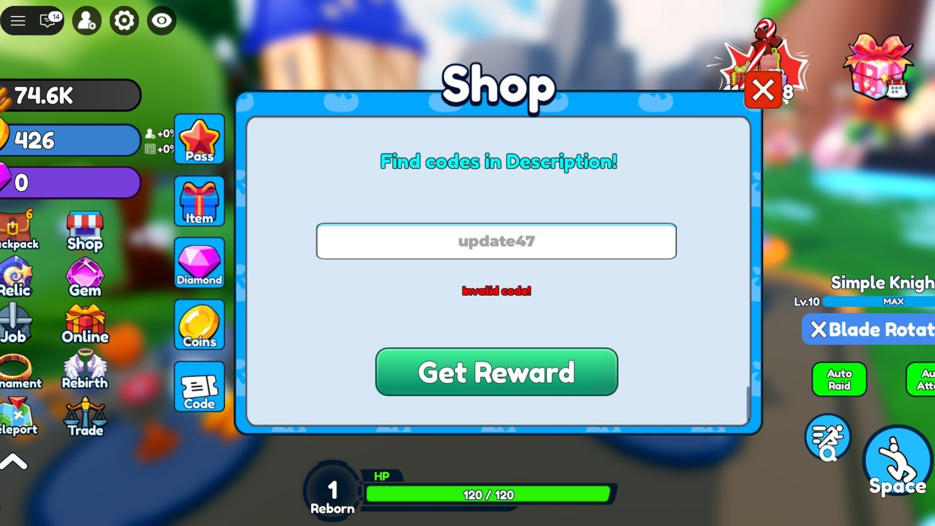 The "Invalid Code" error message (Image via Roblox)